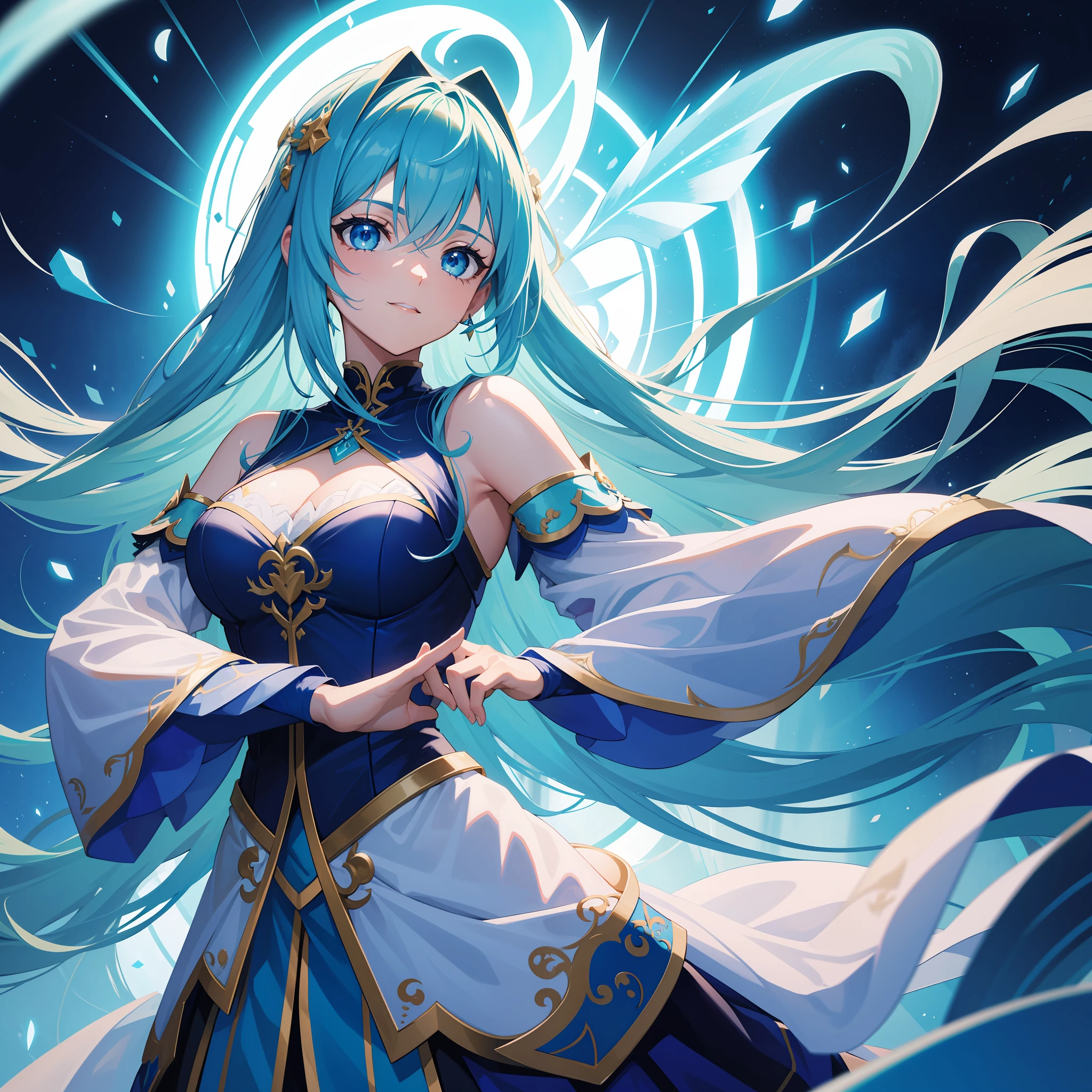 garota cabelo azul escuro, olhos grandes e detalhados, olhos bonitos, vestido de anime, guerreira, peitos grandes (highres, aberration Chromatic) peitos bonitos, rosto sedutor, sorrindo, garota piscando