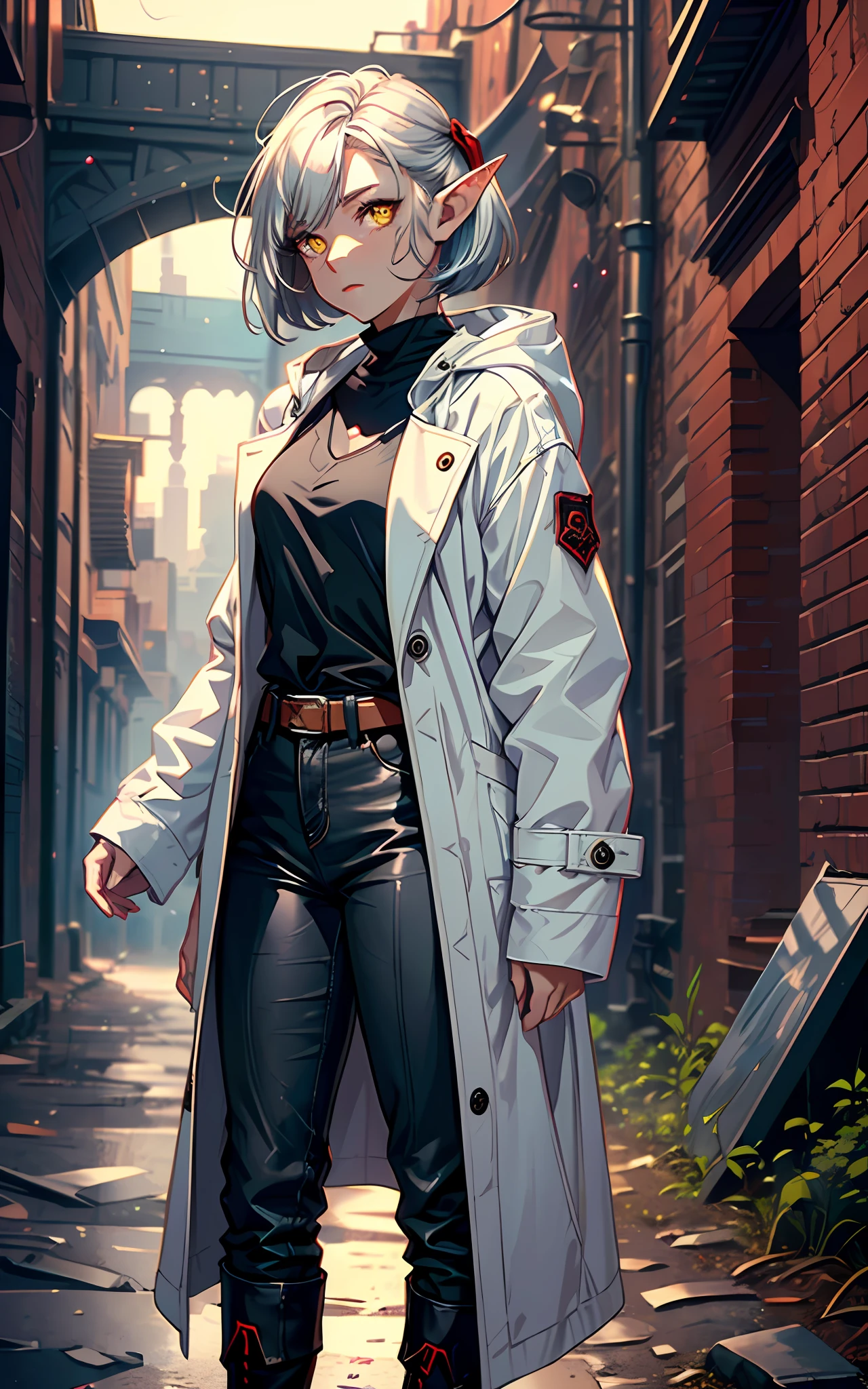 (1girl, solo, full height: 1.5), (realistic face: 1.3), award-winning photography, girl (elf ears, young, cute face: 1.1), thin, fragile, straight hair, disheveled hair, (white coat with red accents, assasin coat, fantasy (pants), boots), adventurer's clothes, glowing eyes, (gray hair: 1.2), (bob's haircut), (yellow eyes), (using dark magic: 1.2), posing in the dark ruins of the city,  (rim lighting, :1.4) Two-color lighting, sharp focus, octane rating, unreal, dimly lit, discreet,