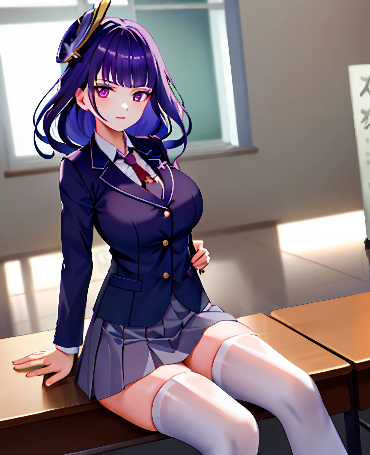 tmasterpiece,Best quality,1girll,独奏,raiden_Genshin,校服,white shirt,blazer jacket,a skirt,red necktie,Classroom,sitted,huge tit