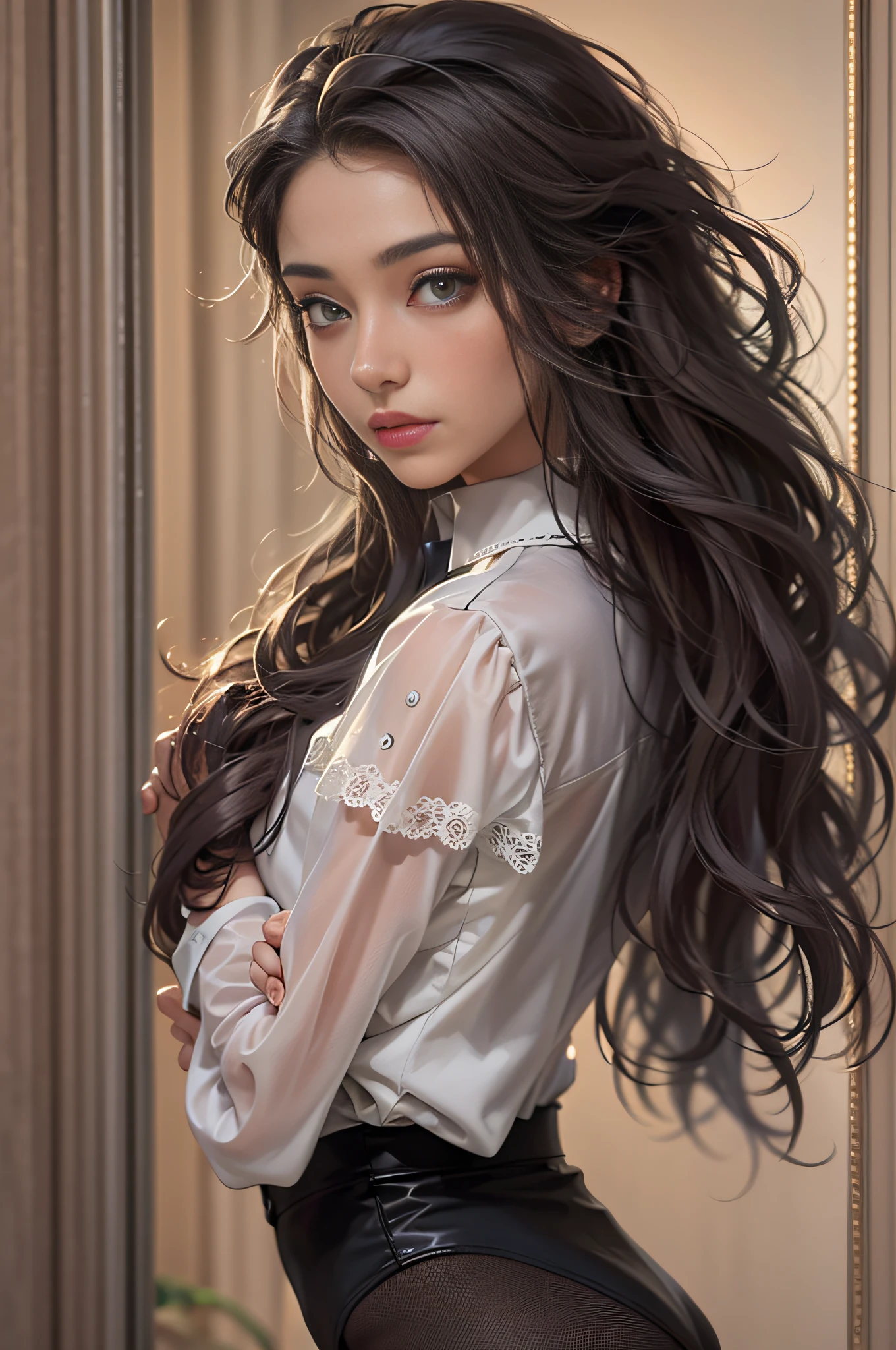 Model woman posing, Very beautiful 20 year old woman, The background is a room in the museum, Very long hair, Revealing clothing, Gradient Eyes, makeup, Cinematic lighting, , One-person viewpoint, canon, nffsw, retinas, masutepiece, ccurate, Anatomically correct, Textured skin, Super Detail, high details, High quality, awardwinning, Best Quality, hight resolution, 1080p, hard disk, 4K, 8K, 16 K
