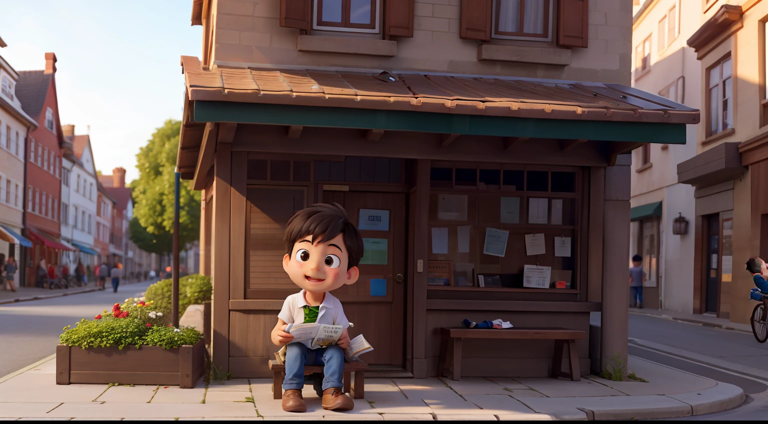 Little boy picking up his wallet of documents on top of a bench in the square