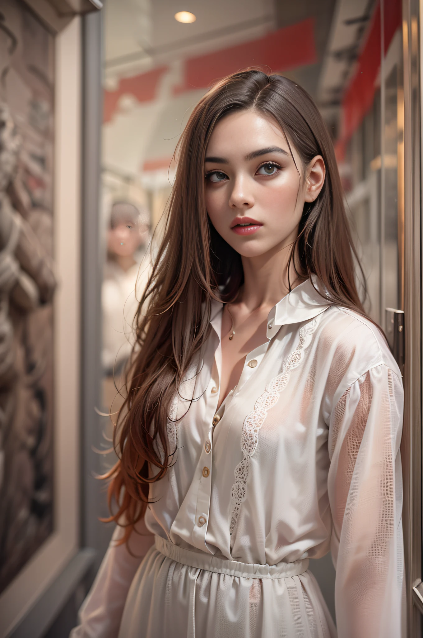 Model woman posing, Very beautiful 20 year old woman, The background is a room in the museum, Very long hair, Revealing clothing, Gradient Eyes, makeup, Cinematic lighting, , One-person viewpoint, canon, nffsw, retinas, masutepiece, ccurate, Anatomically correct, Textured skin, Super Detail, high details, High quality, awardwinning, Best Quality, hight resolution, 1080p, hard disk, 4K, 8K, 16 K