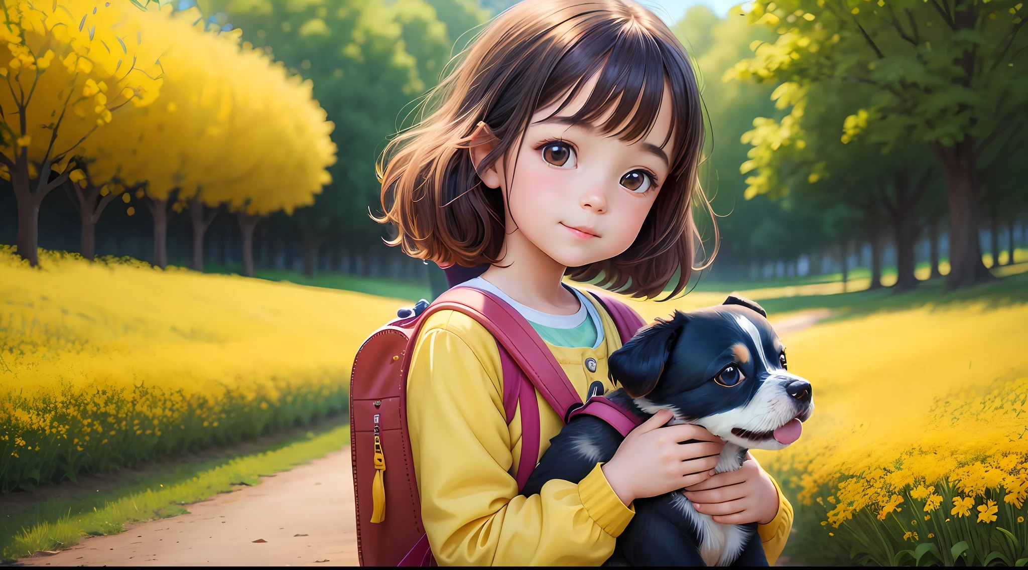 Tip: A very charming  with a backpack and her adorable puppy enjoying a lovely spring outing surrounded by beautiful yellow flowers and nature. The illustration is a high-definition illustration in 4K resolution with highly detailed facial features and cartoon-style visuals.