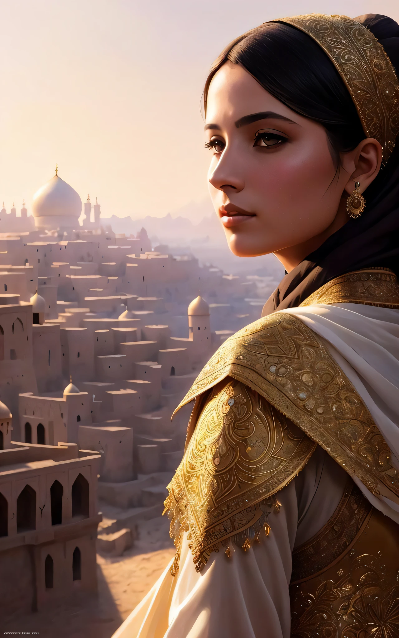 modelshoot style, (extremely detailed CG unity 8k wallpaper), full shot body photo of the most beautiful artwork in the world, (arabic princess) with armor, delicate silk clothes, arabian silk Hijab, magic, an arabic village with persian details in the background, hdr, photorealistic painting by Ed Blinkey, Atey Ghailan, Studio Ghibli, by Jeremy Mann, Greg Manchess, Antonio Moro, trending on ArtStation, trending on CGSociety, Intricate, High Detail, Sharp focus, dramatic, photorealistic painting art by midjourney and greg rutkowski
