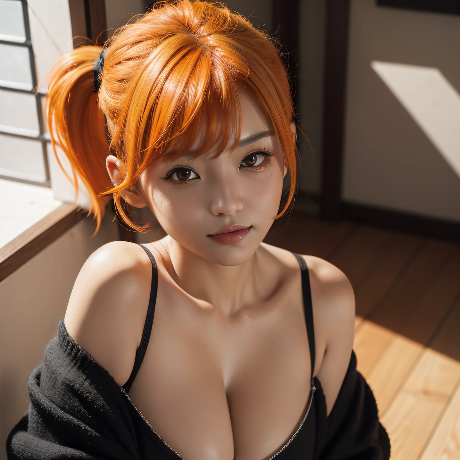 tmasterpiece, Best quality at best, A high resolution, Kizi, orange color hair, 独奏,Breast patches,pantiess, side pony tail, orange color hair, short detailed hair, ssmile, exteriors,little breast, External expansion of the chest,nfsw、No bra