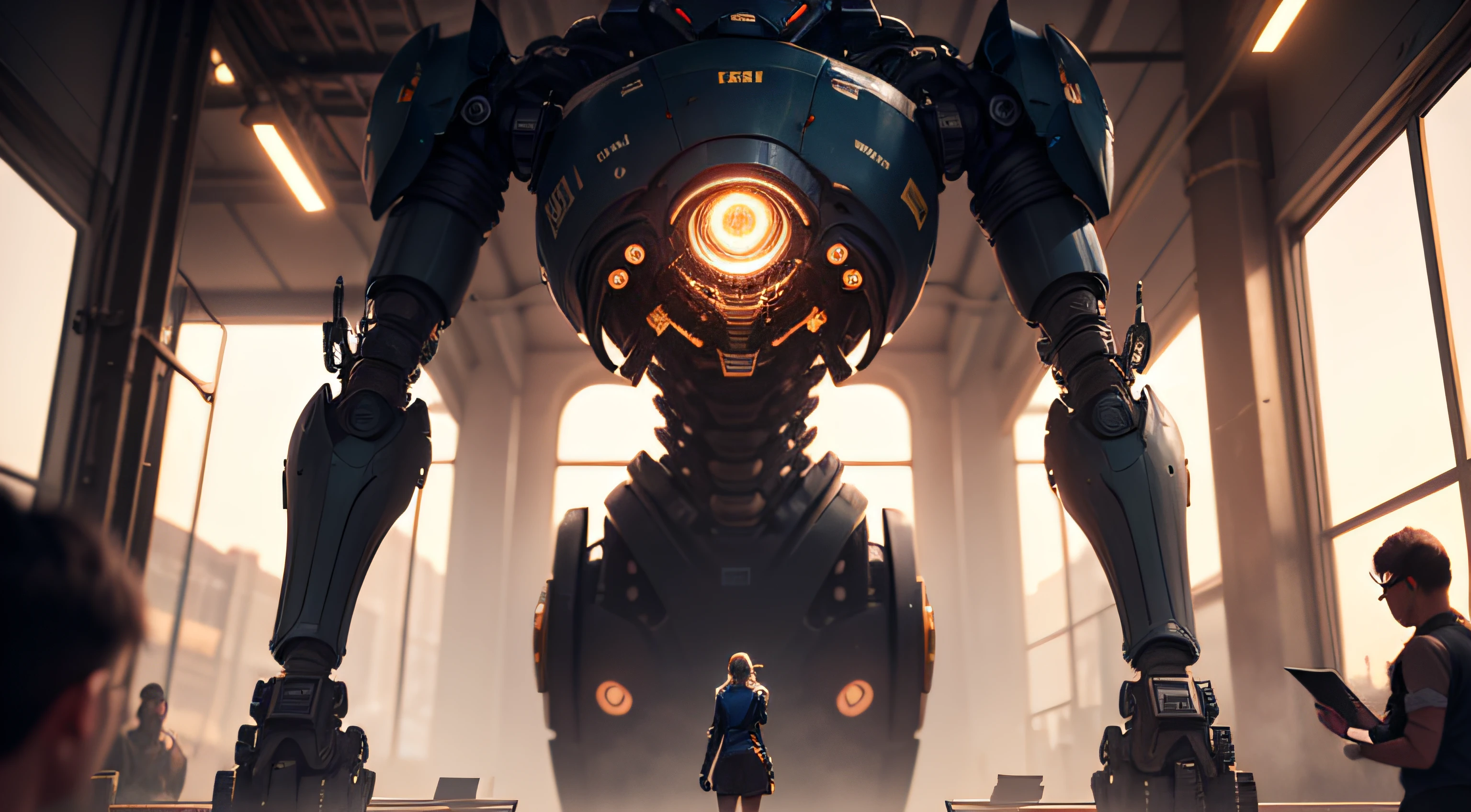 ((masterpiece, best quality)),illustration,ultra detailed 8k,photorealistic,sharp focus,highly detailed,professional lighting,colorful details,iridescent colors BREAK extreme long shot of a factory,large mechanical robot construction,microchip,computer,glowing,intricate details,shitu-mecha,1girl is standing in front of the audience,Navel