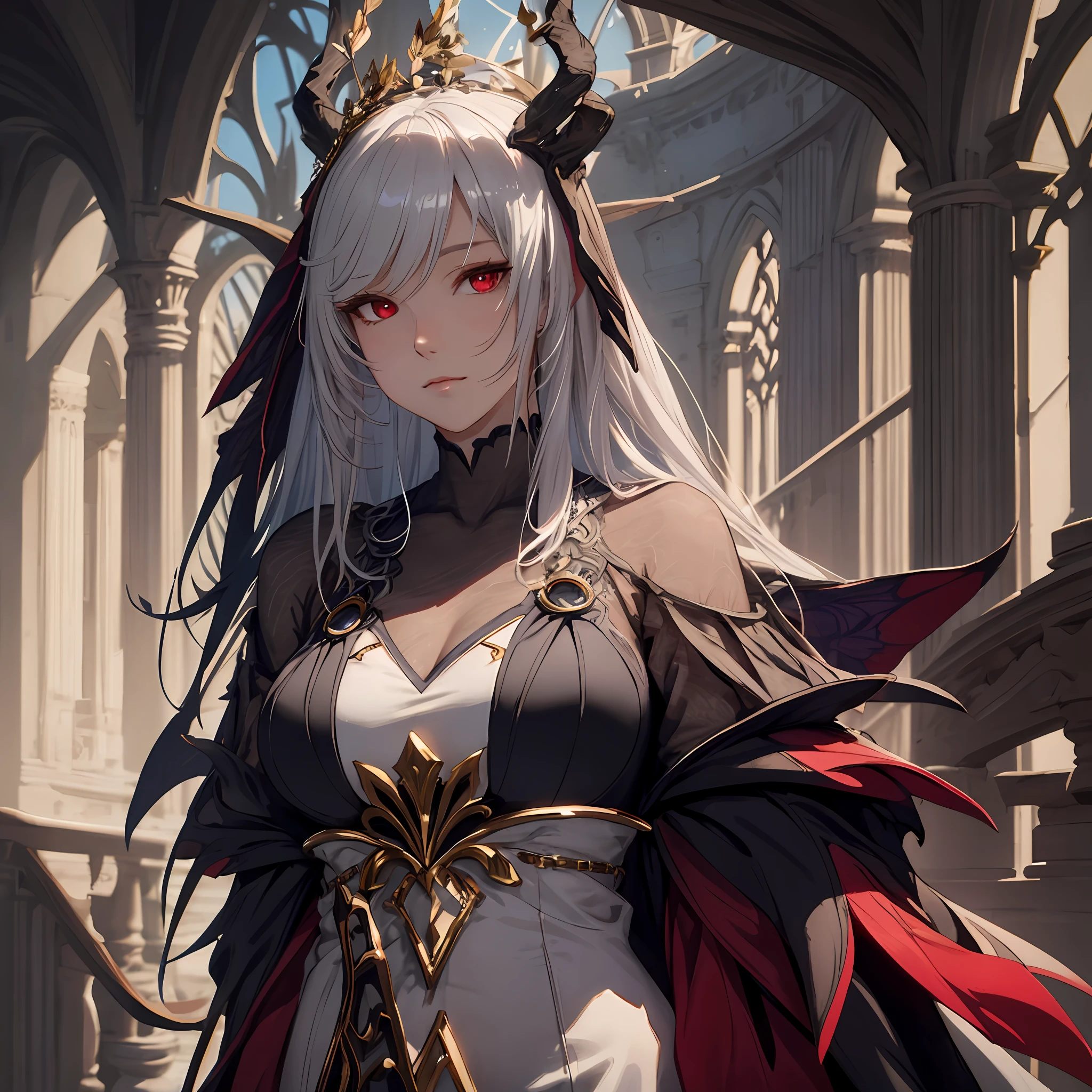 masterpiece, best quality, 1woman, adult, female focus, solo, white hair, vibrant red eyes, looking at viewer, closed mouth, bangs, Fantasy aesthetics, Highly detailed, shadowverse style, black dress, elegant queen