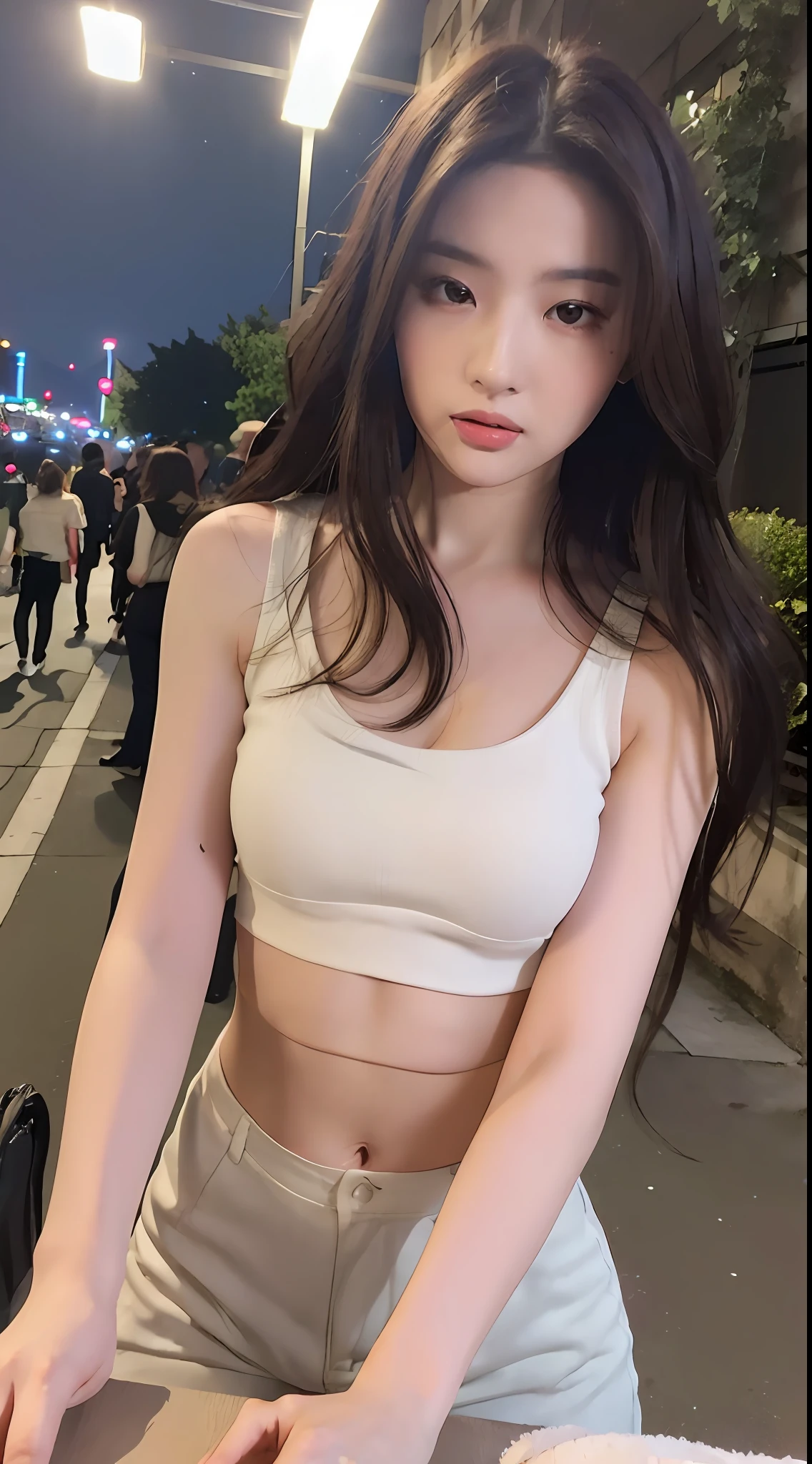 ((Realistic lighting, Best quality, 8K, Masterpiece: 1.3)), Clear focus: 1.2, 1girl, Perfect Figure: 1.4, Slim Abs: 1.1, ((Dark brown hair)), (White crop top: 1.4), (Outdoor, Night: 1.1), City streets, Super fine face, Fine eyes, Double eyelids,