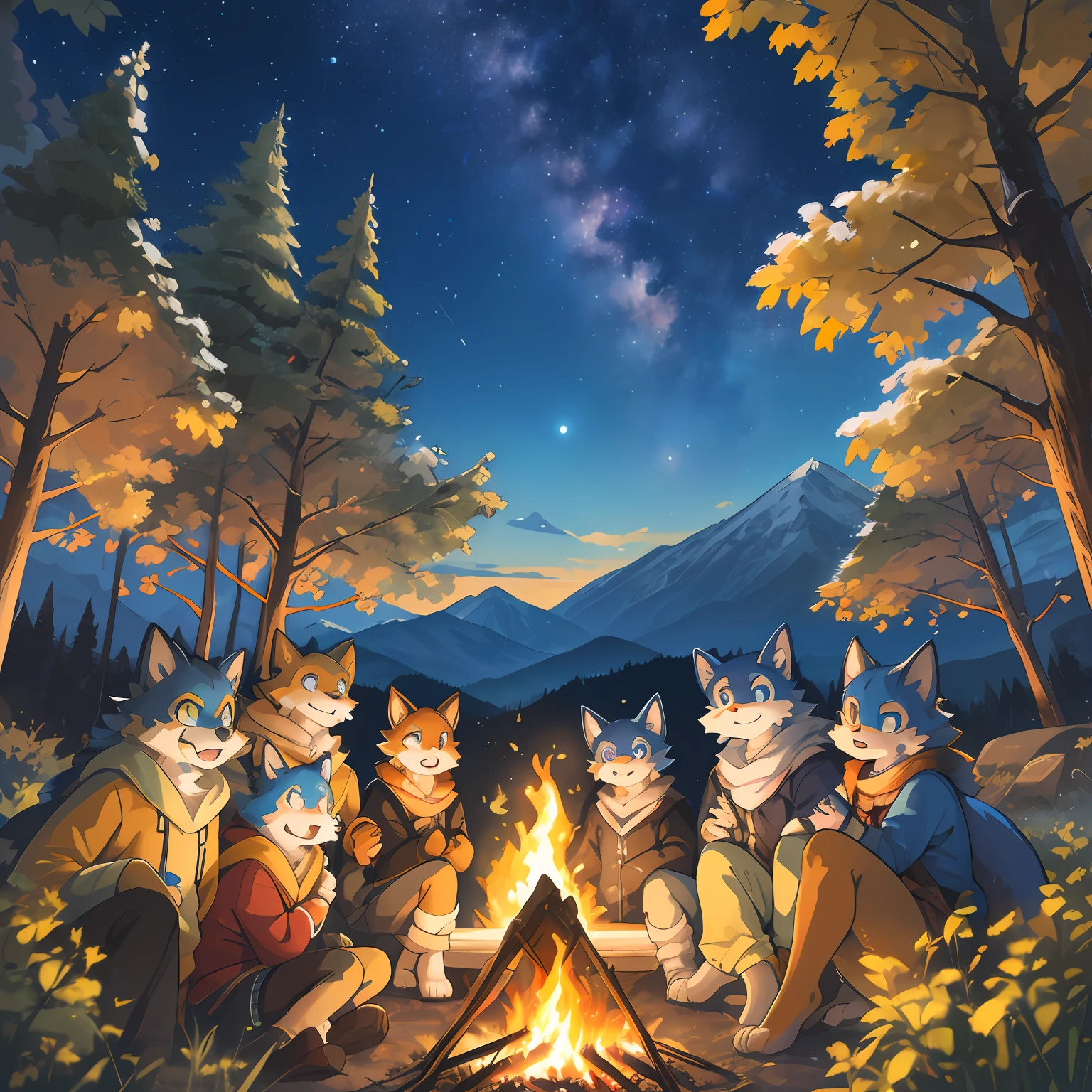 top quality, best quality, High-quality illustrations, masterpiece, super high resolution, detailed background, detailed background, Campsite in the mountains, group shot, 6+boys, 6+girls, camp-fire, night sky, absurdres(highly detailed beautiful face and eyes)perfect anatomy(Photo of family trip)(kemono, furry anthro)selfie,