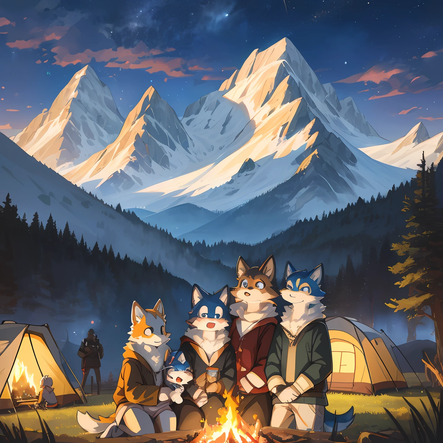 top quality, best quality, High-quality illustrations, masterpiece, super high resolution, detailed background, detailed background, Campsite in the mountains, group shot, 6+boys, 6+girls, camp-fire, night sky, absurdres(highly detailed beautiful face and eyes)perfect anatomy(Photo of family trip)(kemono, furry anthro)selfie,