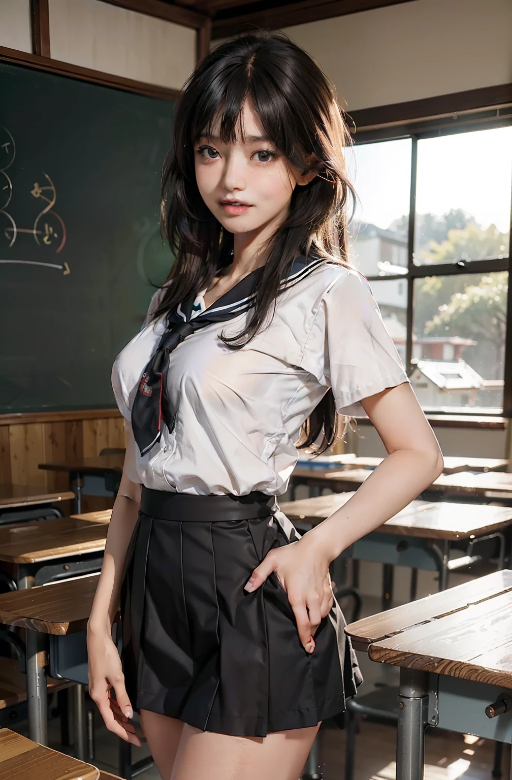 top-quality、​masterpiece、超A high resolution、(Photorealsitic:1.4)、Raw photo、女の子1人、Brown hair with bangs、drooing eyes、thin-waist、Colossal tits、Japan schoolgirl sailor suit、Black miniskirt、Inside the classroom、slim figure、Light smile with visible teeth