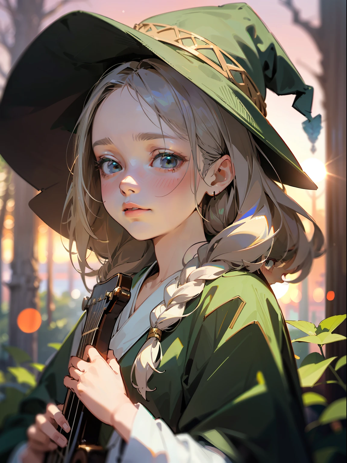 (Pretty little girl with braids wearing a green witch's hat), (cute girl about 10 years old), playing the lute, simple green witch hat,(masterpiece), (extremely intricate:1.3), (realistic), portrait of a little girl, the most beautiful in the world, (green witch's robe) , upper body, forest, intense sunlight, professional photograph of a stunning girl detailed, sharp focus, dramatic, award winning, cinematic lighting, ,  volumetrics dtx, (film grain, blurry background, blurry foreground, bokeh, depth of field, sunset, motion blur:1.3),Realism,Oversized shirt,black eyes