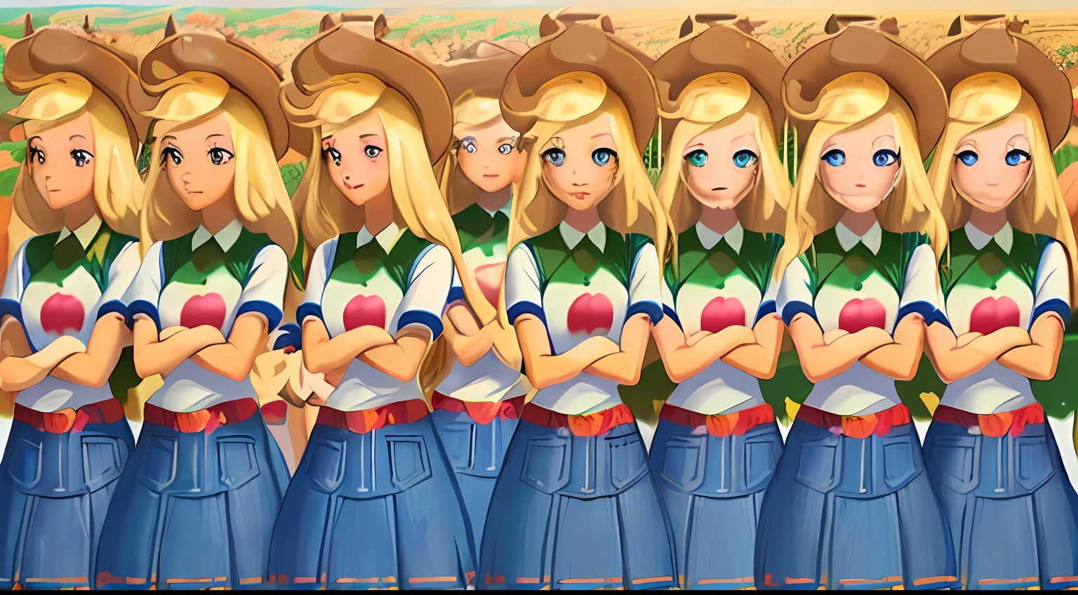 (masterpiece, best quality:1.2), ((large group, +100girls, identical sisters, clones, crowd shot)), mlpapplejack, smile, looking at viewer, crossed arms, low-tied long hair, cowboy hat, shirt, short sleeves, denim skirt, wheat field