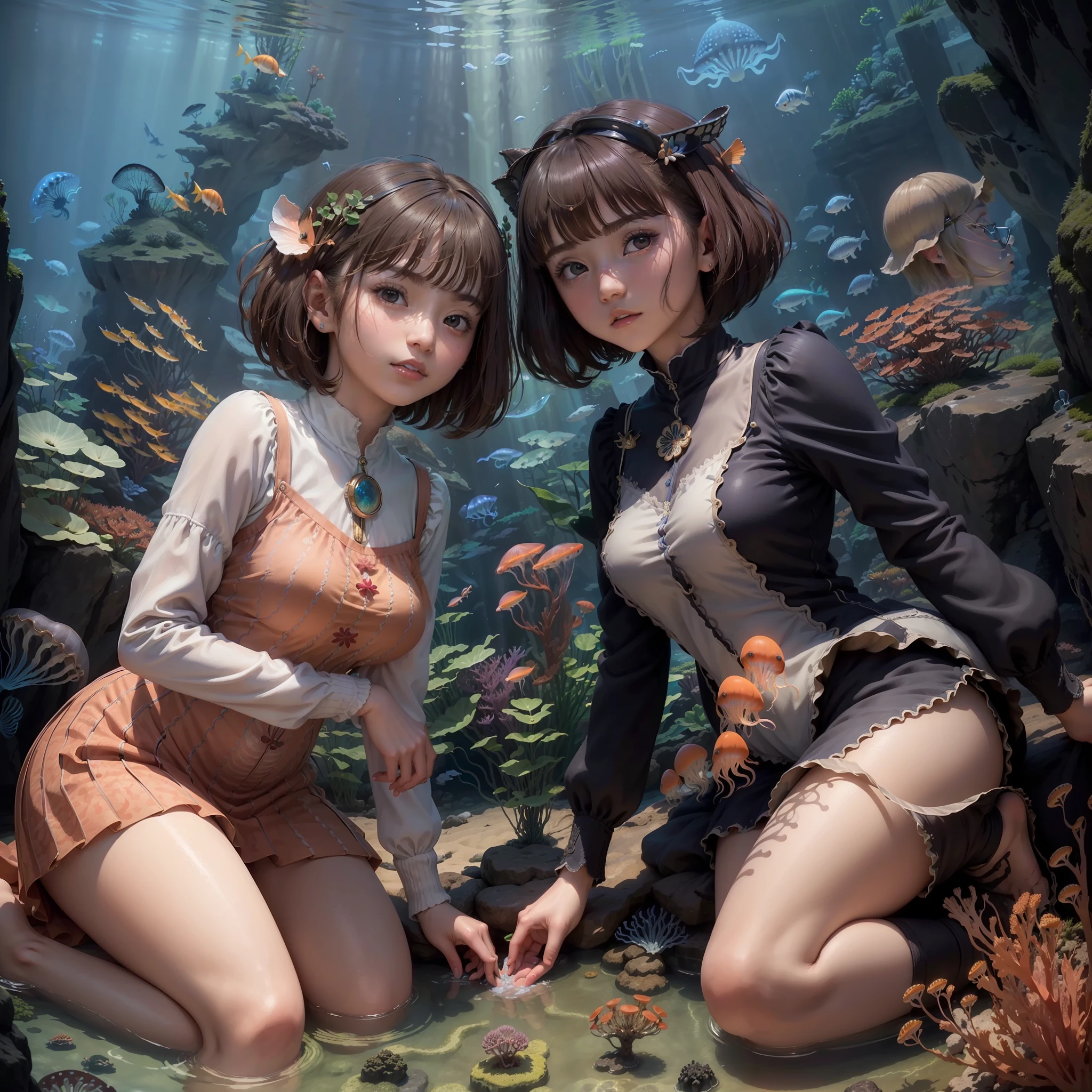 (((a 20 yo woman)))、((aquariums))、masterpiece, 1 beautiful girls, (((very_Short_hair))), Eye details, Swollen eyes, Top image quality, 超A high resolution, (Realistis: 1.4), OriginalPhotographs, 1girl in, Cinematographic lighting, japanes, very beautif, Beautiful skins, (A hyper-realistic), (hight resolution), (8 K), (ighly detailed), (The best illustrations), (beautifully detailed eyes), (ultra-detailliert), A detailed face, look at a camera, Facing straight ahead, Neat Clothing, shorth hair、A dark-haired、46-point diagonal bangs、((aquariums))、Lots of fish、tropical fish、(((jellyfish)))、(((The corals)))