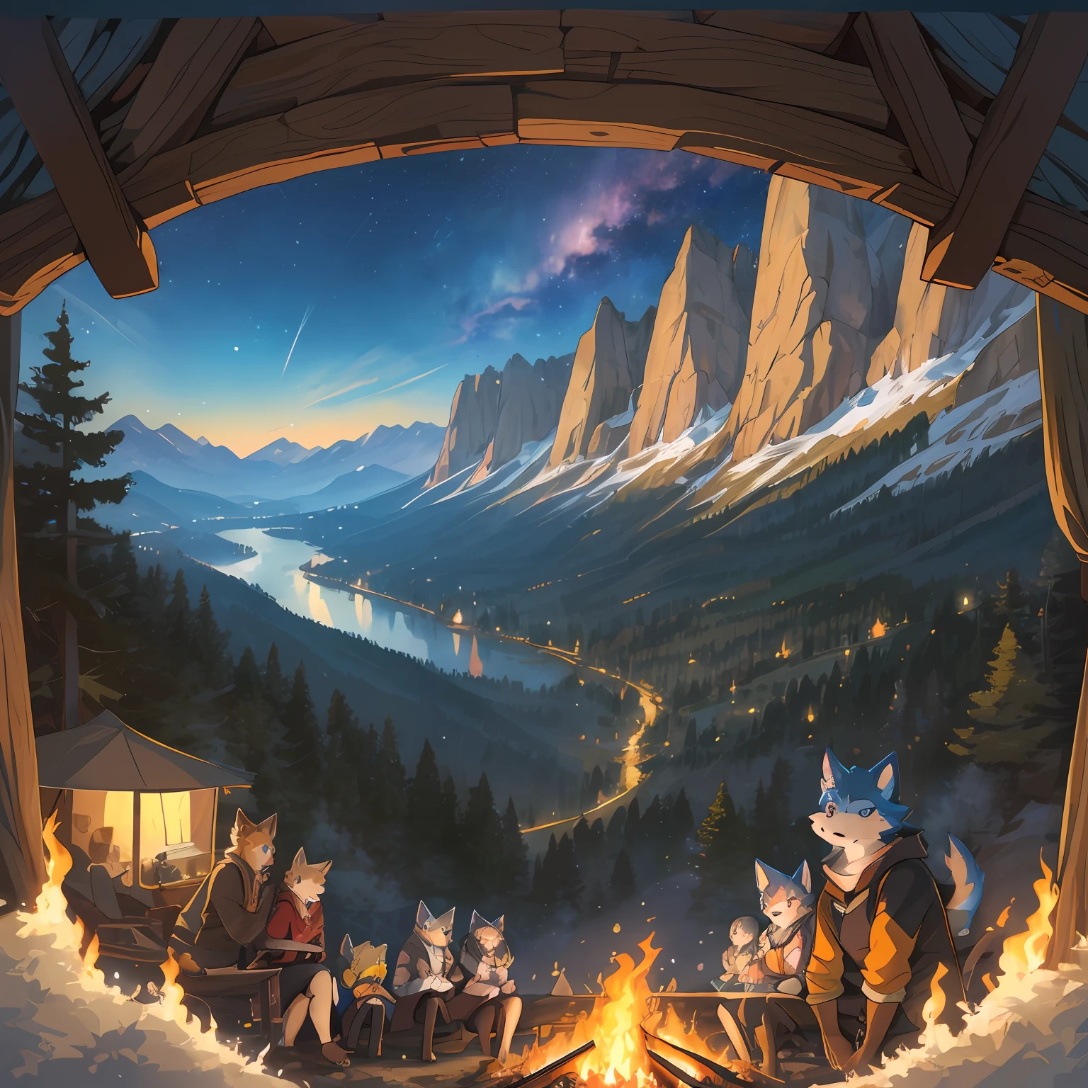 top quality, best quality, High-quality illustrations, masterpiece, super high resolution, detailed background, detailed background, Campsite in the mountains, group shot, 6+boys, 6+girls, camp-fire, night sky, absurdres(highly detailed beautiful face and eyes)perfect anatomy(Photo of family trip)(kemono, furry anthro)selfie,