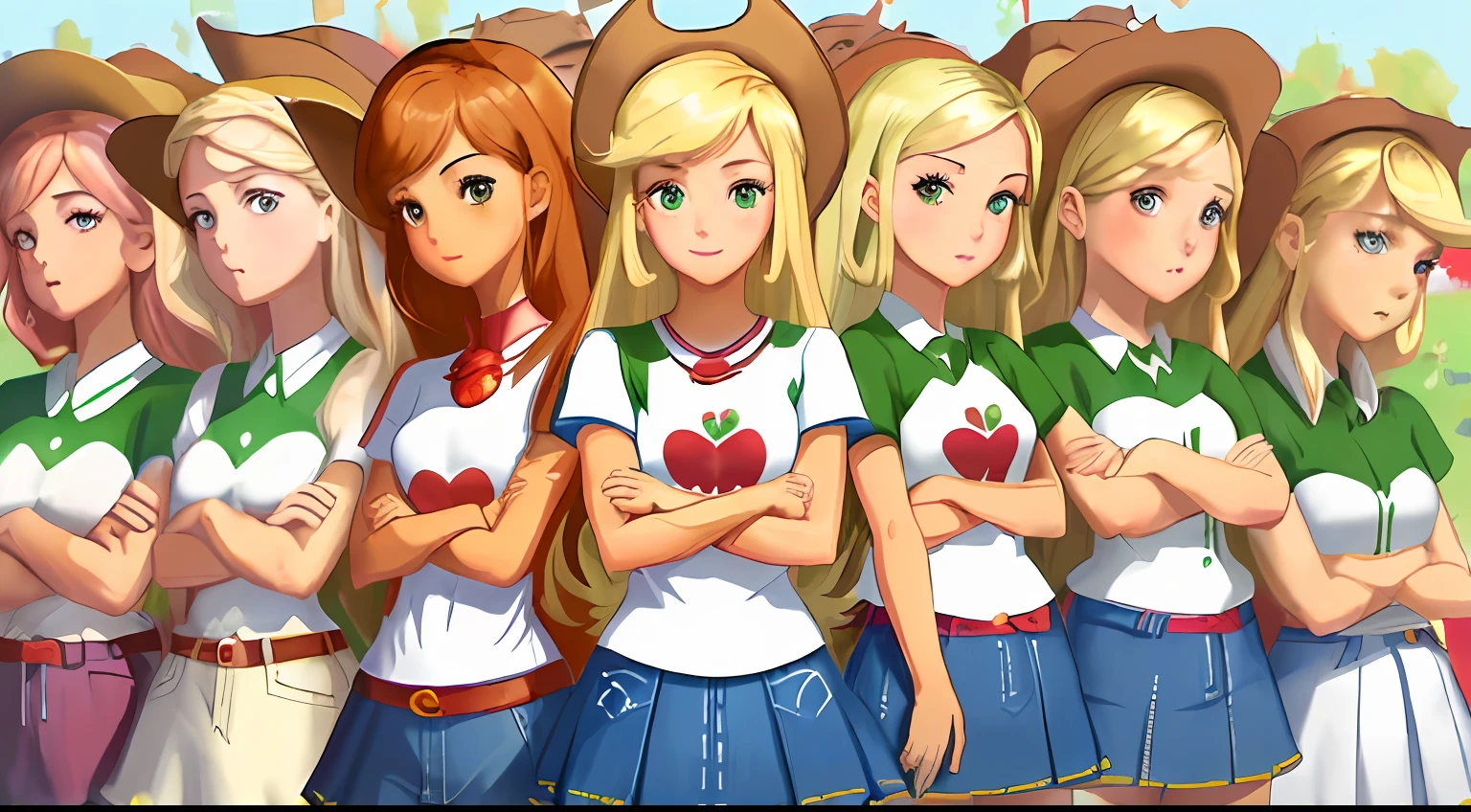 (masterpiece, best quality:1.2), ((large group, +100girls, identical sisters, clones, crowd shot)), mlpapplejack, smile, looking at viewer, crossed arms, low-tied long hair, cowboy hat, shirt, short sleeves, denim skirt