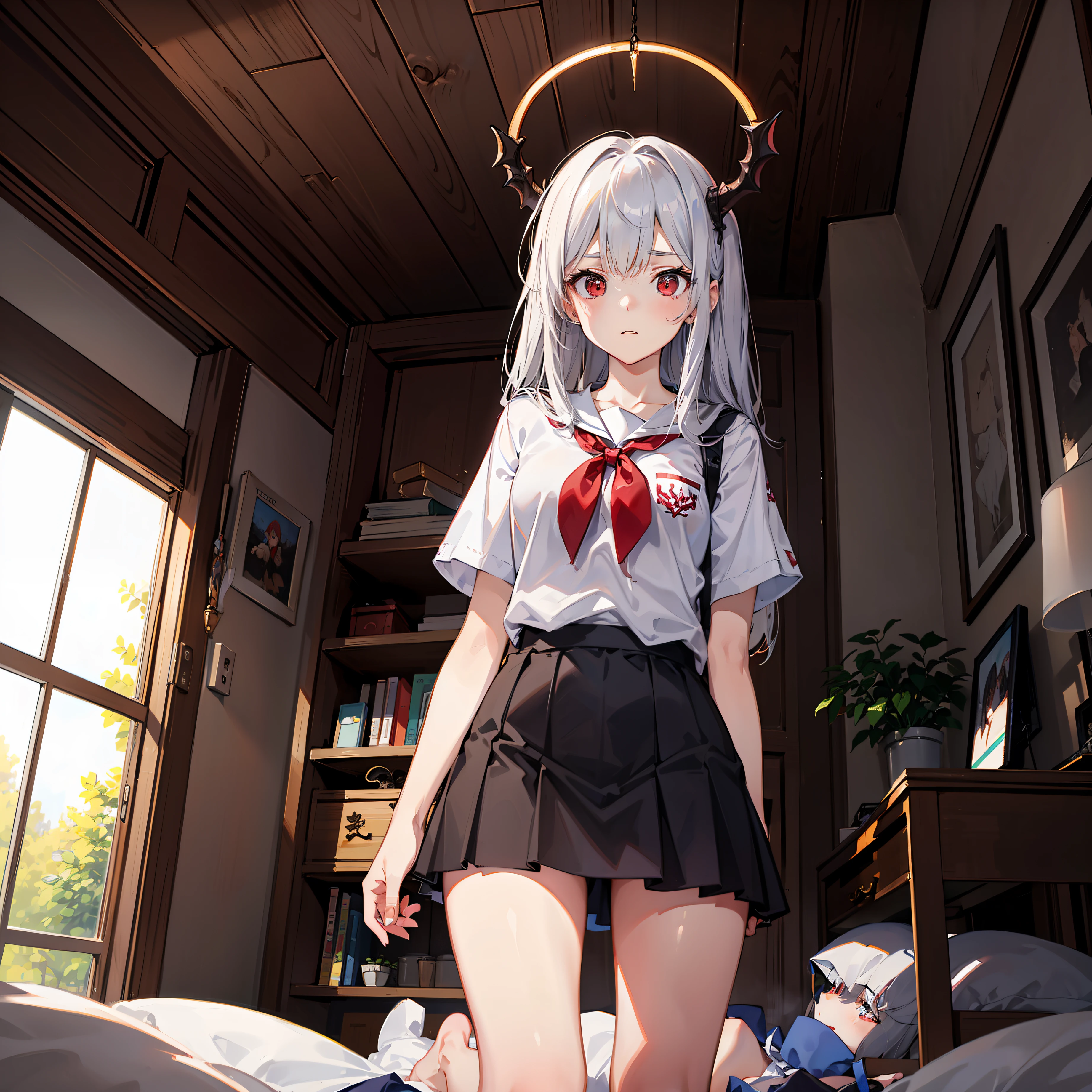 s girl,whaite hair,Red eyes,JK service,Sick,Dragon's horn,Falling posture