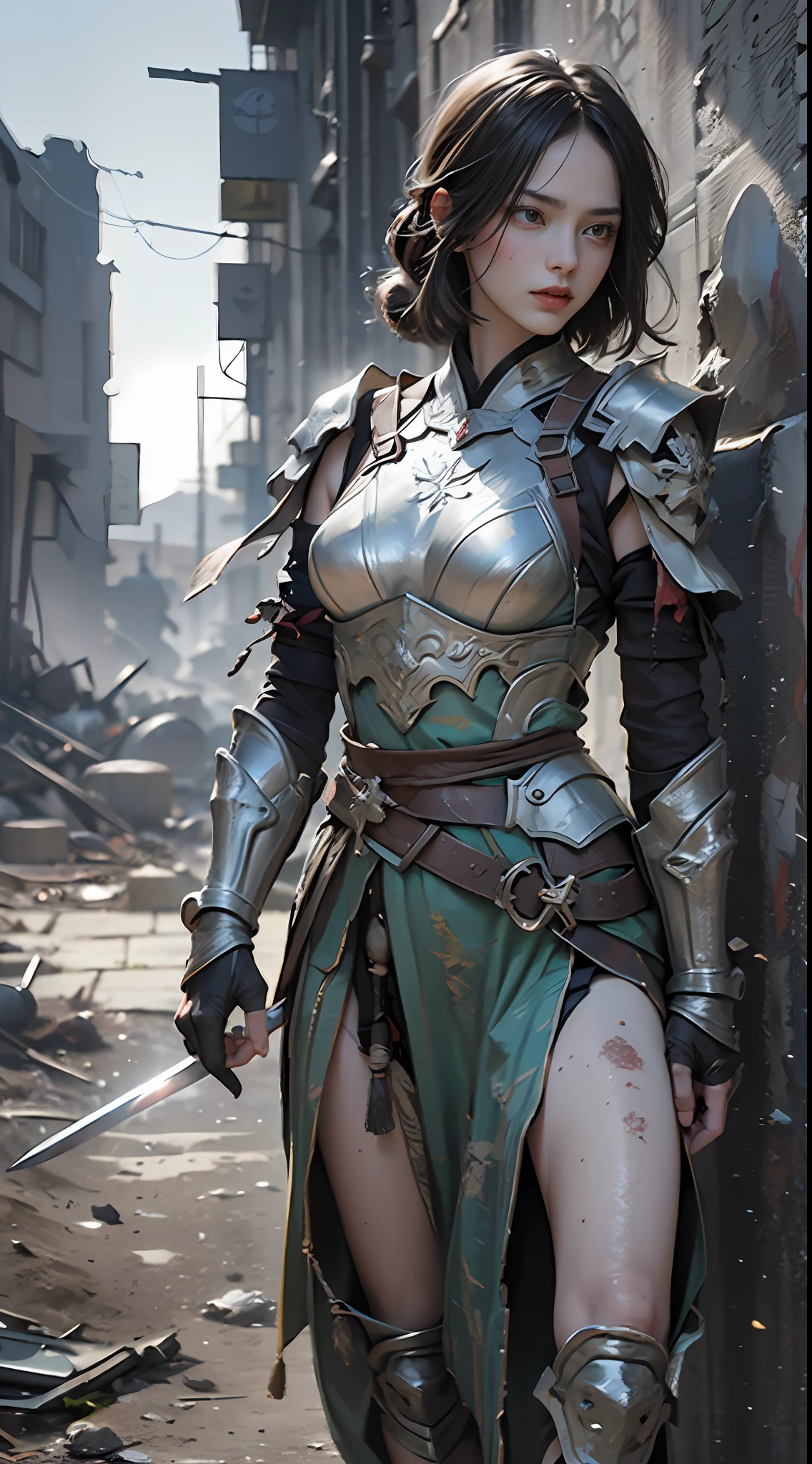 8k wallpaper，ultra - detailed，rich details​，ultraclear，8K,，Best quality at best，best qualtiy，mistic，1 female warrior，Black armor，Ancient Chinese general armor，（（（Sword in hand））），facing to audience，(((A withered battlefield，废墟，run-down,Wasteland，barren，A desert)))，Sadness outside，battlefiled，ancient battle field，，（（the night，Dimly lit，Dark 1.3）），Bust composition