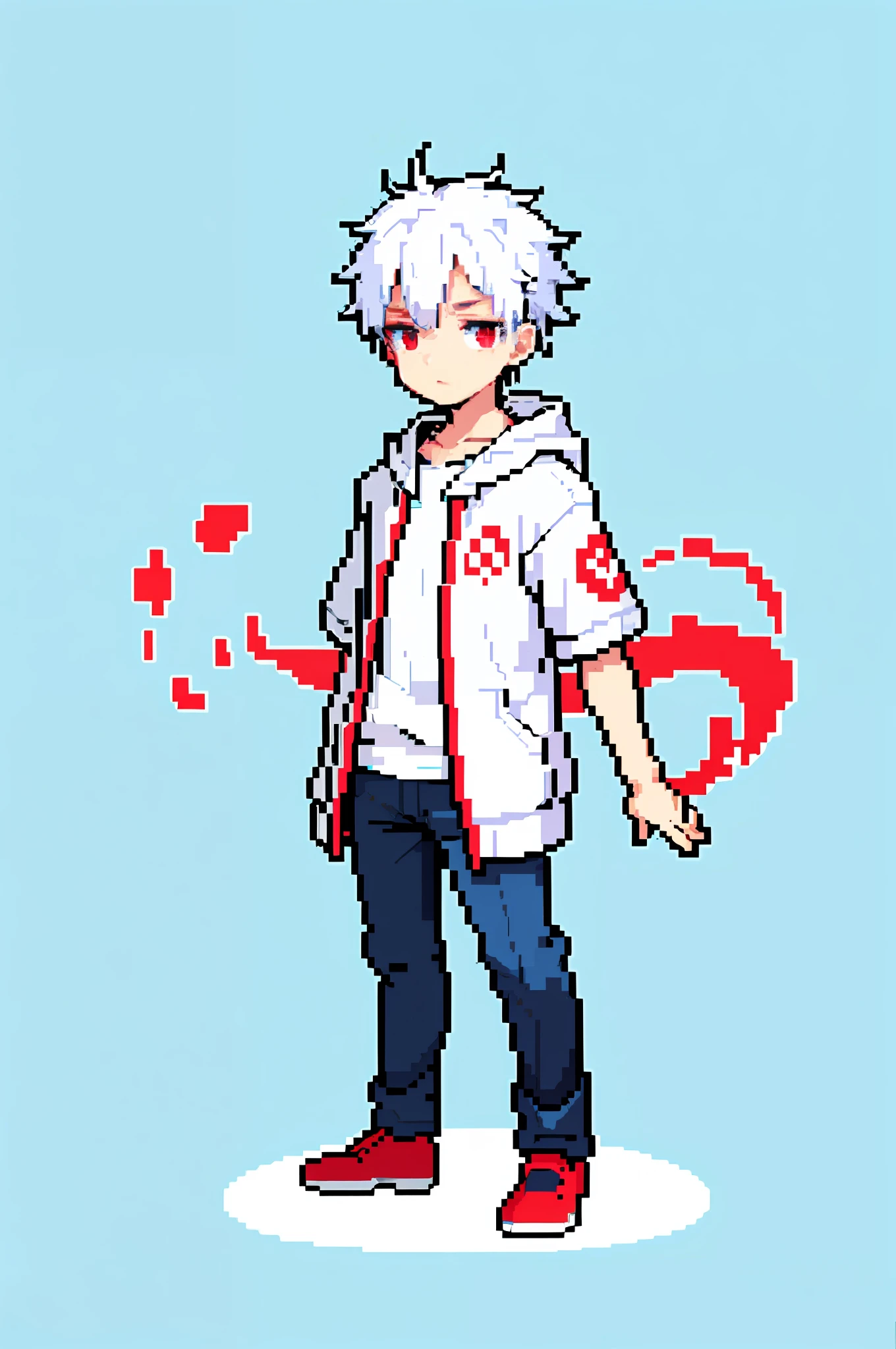 (masterpiece, top quality, best quality), pixel, pixel art, 1boy, full body, boy, white hair, beautiful, white skin, red eyes, white hoodie