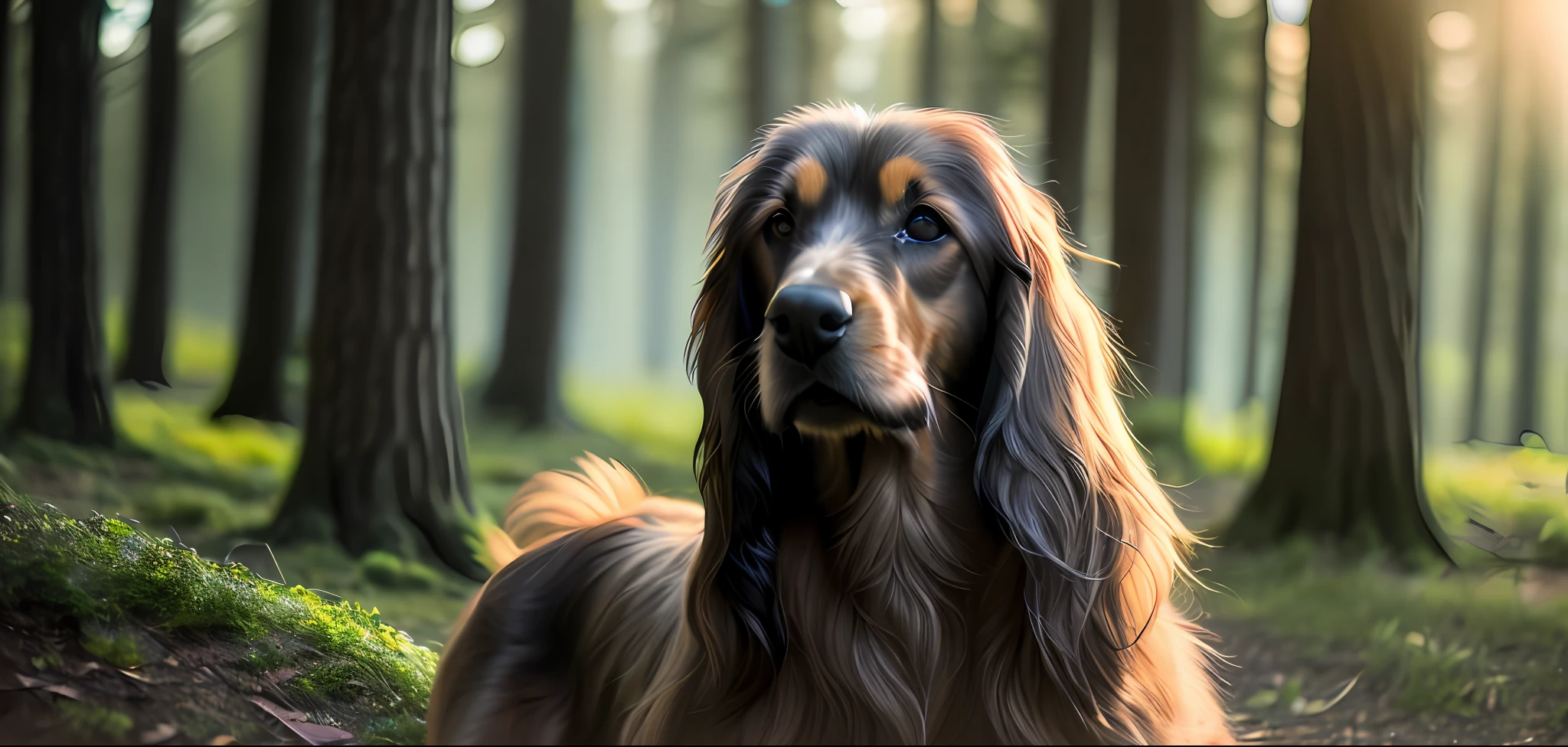 close-up photo of a puppy of the breed (Afghan Hound) pulando muito fofo na floresta, soft volumetric lights (retroiluminação: 1.3), (kinematics: 1.2), detalhes intrincados (ArtStation: 1.3), Rutkowski