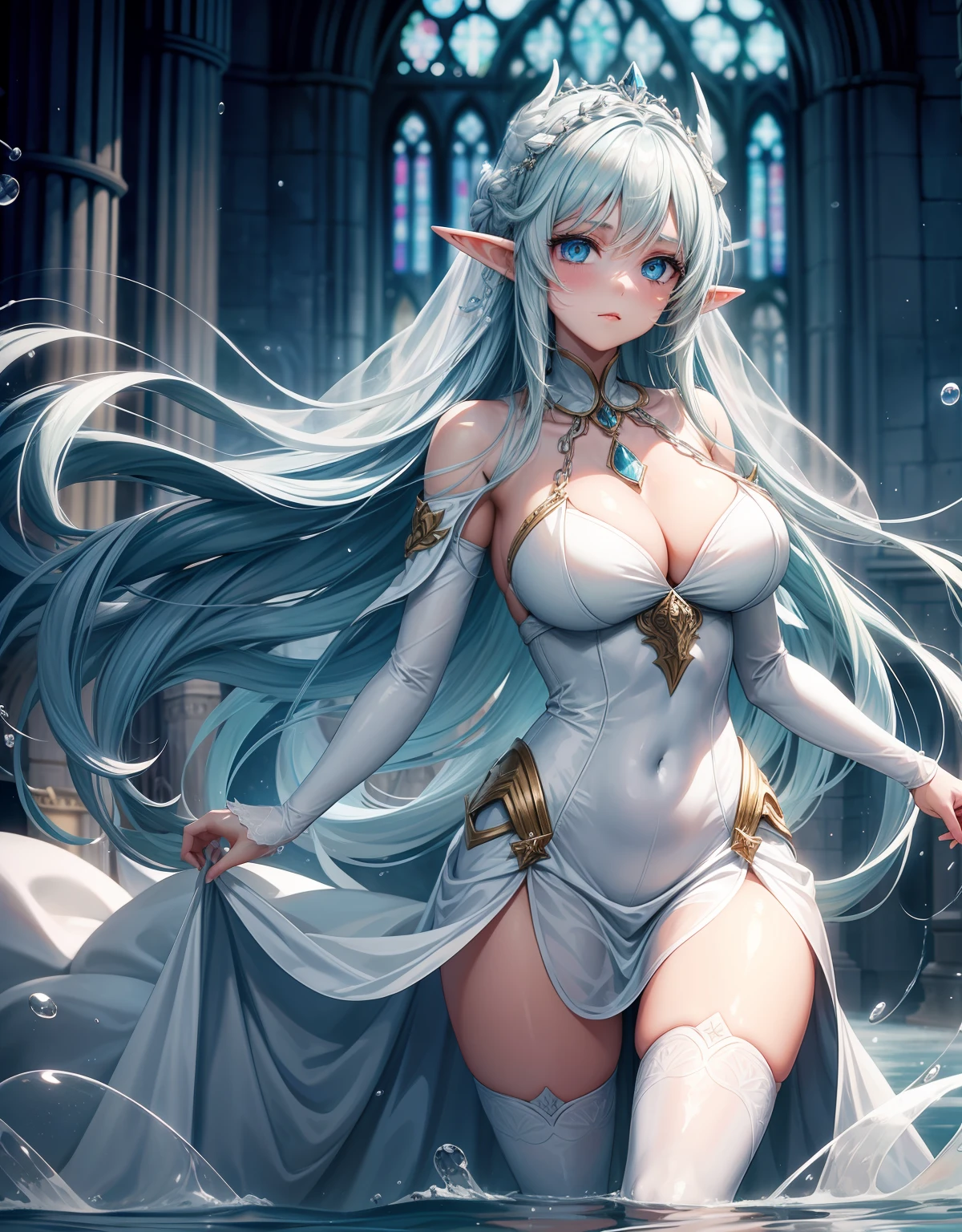 Young woman with white horns walking with chains and extremely long and flowing light blue hair and elf ears with white horns in a cathedral at night using water magic to create a ball of water with a white wedding dress that breaks in the water into drops, Ela tem um corpo volumoso e os seios, breasts and bust are huge, ela tem um rosto macio delicado lindo e perfeito, Particles of water come out of her dress and body.