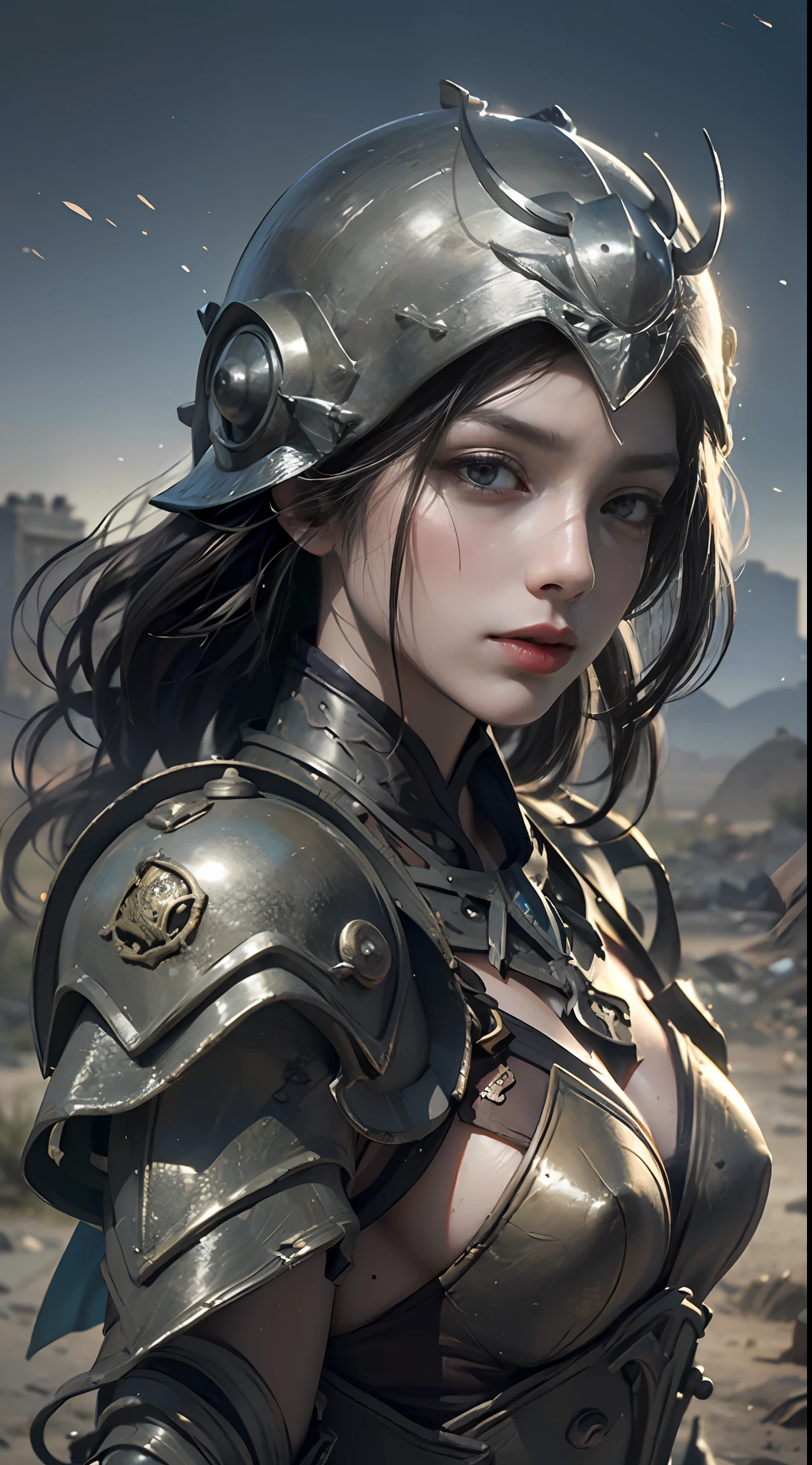 8k wallpaper,ultra - detailed,rich details,ultraclear,8K,,Best quality at best,best qualtiy,mistic,1 female warrior,Black armor,Ancient Chinese general armor,(((Sword in hand))),facing to audience,(((A withered battlefield,废墟,run-down,Wasteland,barren,A desert))),Sadness outside,battlefiled,ancient battle field,,((the night,Dimly lit,Dark 1.3)),Bust composition