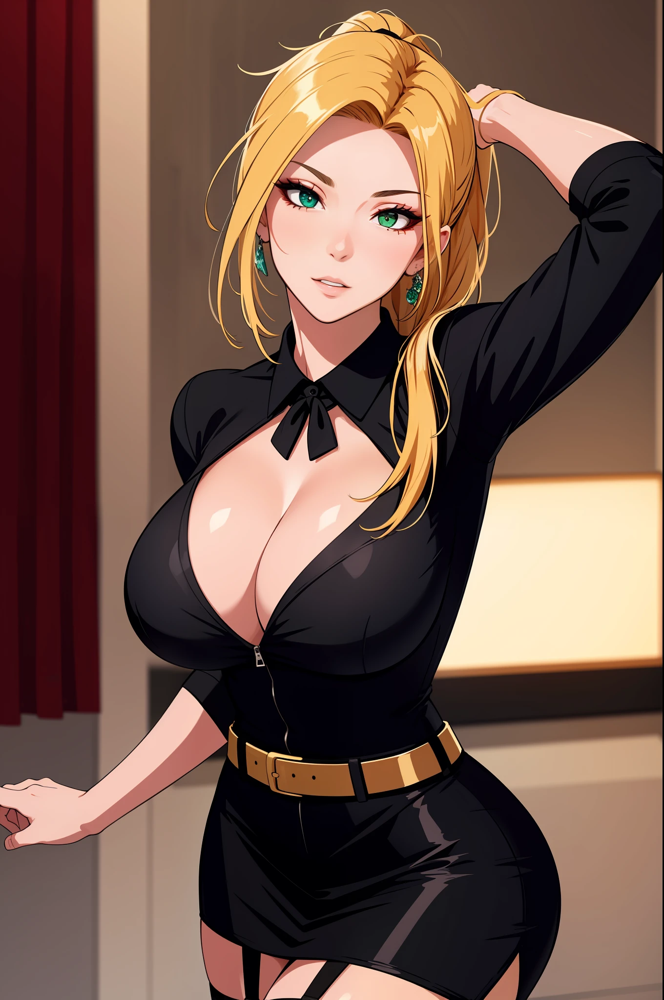 (tmasterpiece,A high resolution,best qualtiy:1.2),8K,highly detailed,复杂,rich colourful,vibrant image,Clear focus,cinematic ligh) blond hairbl,long whitr hair,Green eyes,body builder (Wear black business attire,black_Collared shirt cropped jacket,tiese,tiese,Black frilled skirt,a garter belt,Leather belt) (Large, Perfect round breasts,Hourglass body,Big breasts Thin waist,Very thin waist, photograph realistic,(hyper realisitc:1)big breasts beautiful, tmasterpiece,Best quality at best,extremelydetailedface,s the perfect face,beauitful face,Perfect lighting,Detailed eye makeup,Details of the face,Nice detail eyes,pretty hand,perfect hand,glowing light eyes(realistic pupil,Realistic iris:1)Heavy eye makeup,(empty Casino)(Posing dynamically)High ponytail