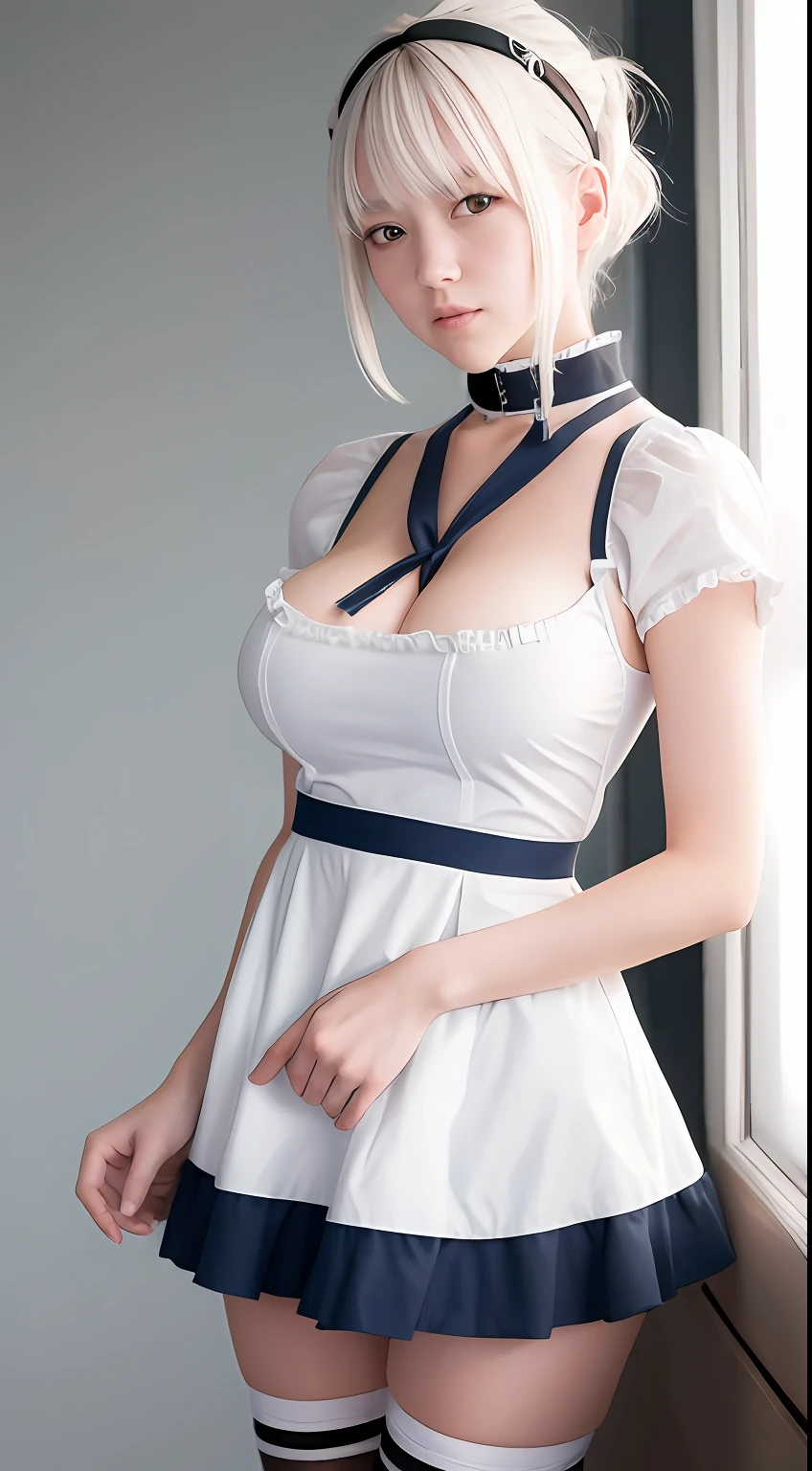 (best quality:1.5), (masterpiece:1.5), (highres:1.5), (RAW photo:1.5), realistic, photo-realistic, high detailed, film grain, detailed skin, natural lighting, symmetrical,8k,an extremely delicate and beautiful,illustration,
1girl, Random hairstyle, (medium_breasts:1.5),slim legs,delicate and pretty,perfect face,beautiful detailed eyes,fair skin,real human skin,pore,(Japanese student:1.2),
solo, sirius_(azur_lane), white_hair, red_eyes, large_breasts, short_hair, cleavage, short_sleeves, looking_at_viewer, apron, blush, hand_on_own_chest, dress, thighhighs, hair_between_eyes, frills, puffy_sleeves, choker, collarbone, anchor_choker, white_thighhighs, maid, open_mouth, window, white_apron, hairband, lace-trimmed_hairband, bangs, puffy_short_sleeves, lace_trim, clothes_lift, skirt, lifted_by_self, cowboy_shot, frilled_apron, frilled_choker, waist_apron, partial nudity