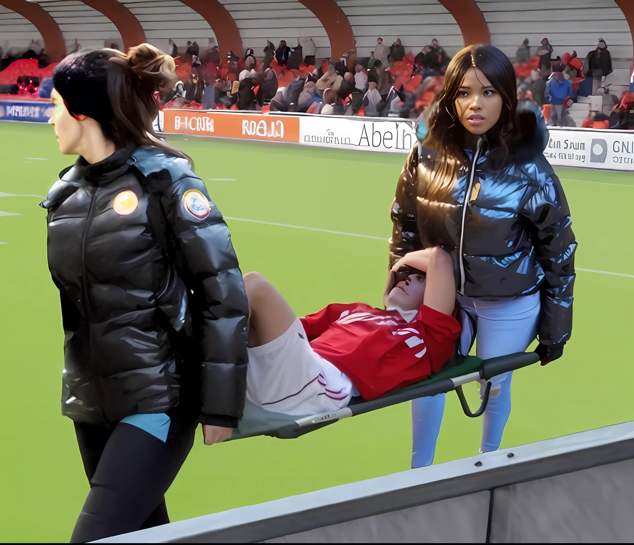 There is a man lying on a stretcher with his hands crossed over his face, a man in a t-shirt and sports shorts has crossed his hands over his face, the man has an agonised face under his hands, two longhaired and ponytailed women that are wearing very shiny coats, there are longhaired women wearing laquered puffy coats, longhaired women are walking in wetlook puffy coats, several women walking around a football field with an injured athlete on a stretcher, the injured athlete on the stretcher covers his face with both hands, the women look very worried, behind the women there is a frightening atmosphere, there is heavy rainfall in the background, video still, behind the scenes, Malika Favre, screenshot, footage, 4 0 9 6, cover photo, aesthetic shot, dramatic mood, intense scene, Making of, Mongezi Ncaphayi, Thriller atmosphere, Filming, Edited
