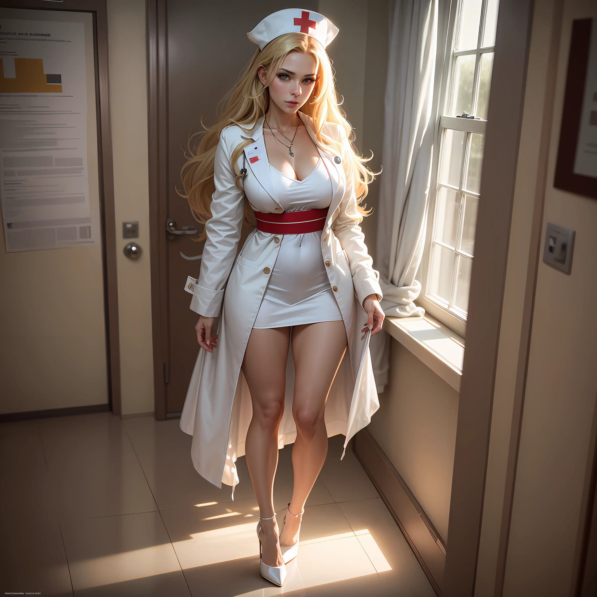 full shot,full body,sexy long-haired blonde nurse incredibly beautiful in a short white coat in white stockings on pendants in white stilettos stands against the backdrop of a hospital room,light artificial lighting from above,super high resolution,super sharp focus,style greg rutkowski --auto --s2