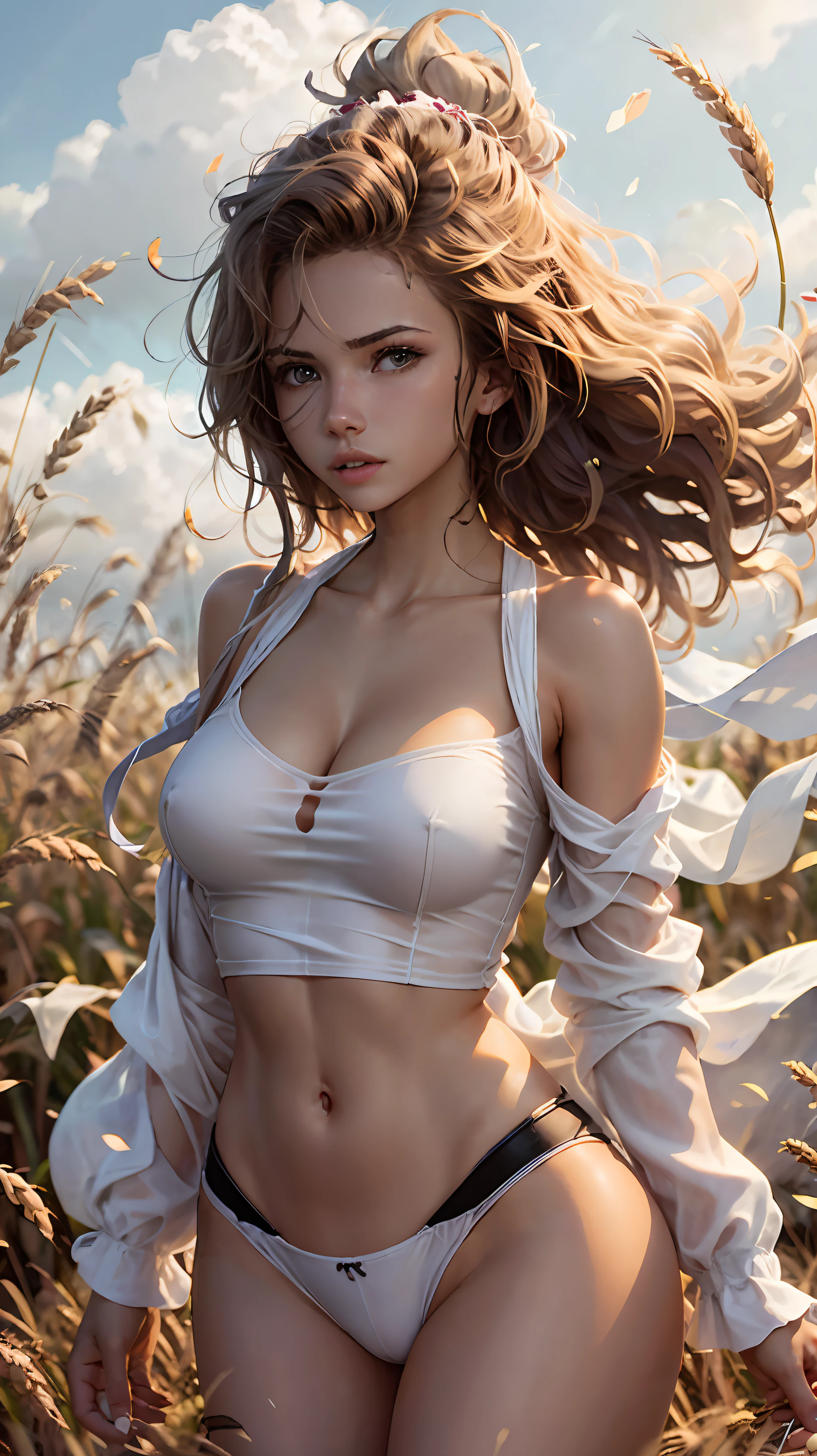 RAW photo, General plan of a 21-year-old woman in a white silk shirt, long haircut, pale skin, shapely body, ((Full-size body)), in a wheat field, the wind, Epic scene, (high skin detail: 1.2), 8K UHD, dslr, soft-lighting, hiquality, film grains, Fujifilm XT3