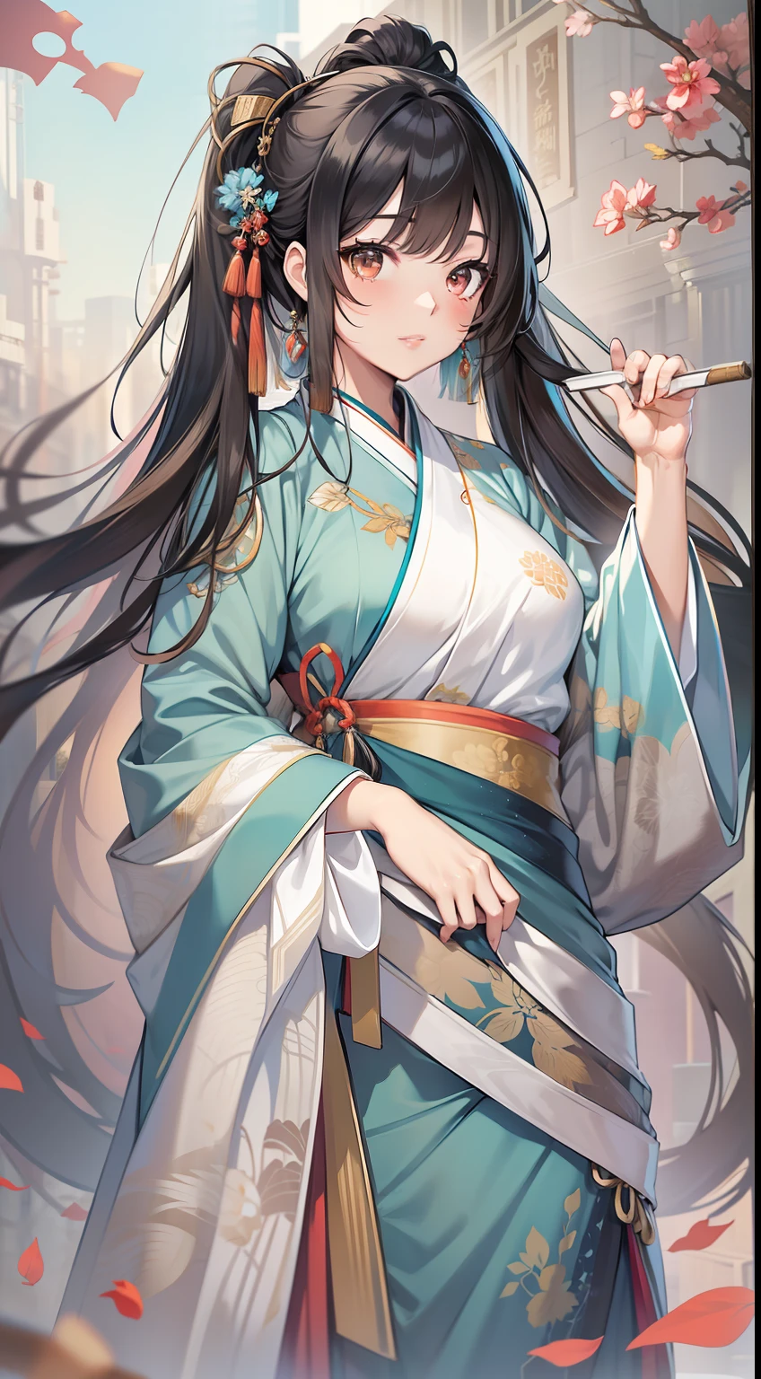 tmasterpiece! Premium image quality! Full body realistic girl, Richly detailed Hanfu costumes in a magnificent background, Medium hair double ponytail black hair with Qi bangs, with brown eye。