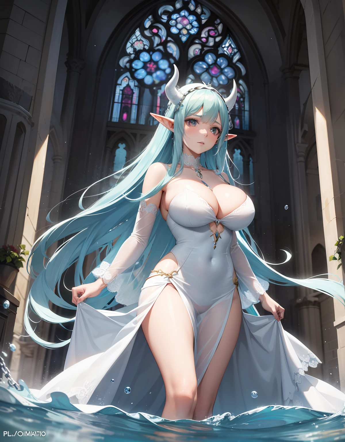 Young woman with white horns walking with chains and extremely long and flowing light blue hair and elf ears with white horns in a cathedral at night using water magic to create a ball of water with a white wedding dress that breaks in the water into drops, Ela tem um corpo volumoso e os seios, breasts and bust are huge, ela tem um rosto macio delicado lindo e perfeito, Particles of water come out of her dress and body.