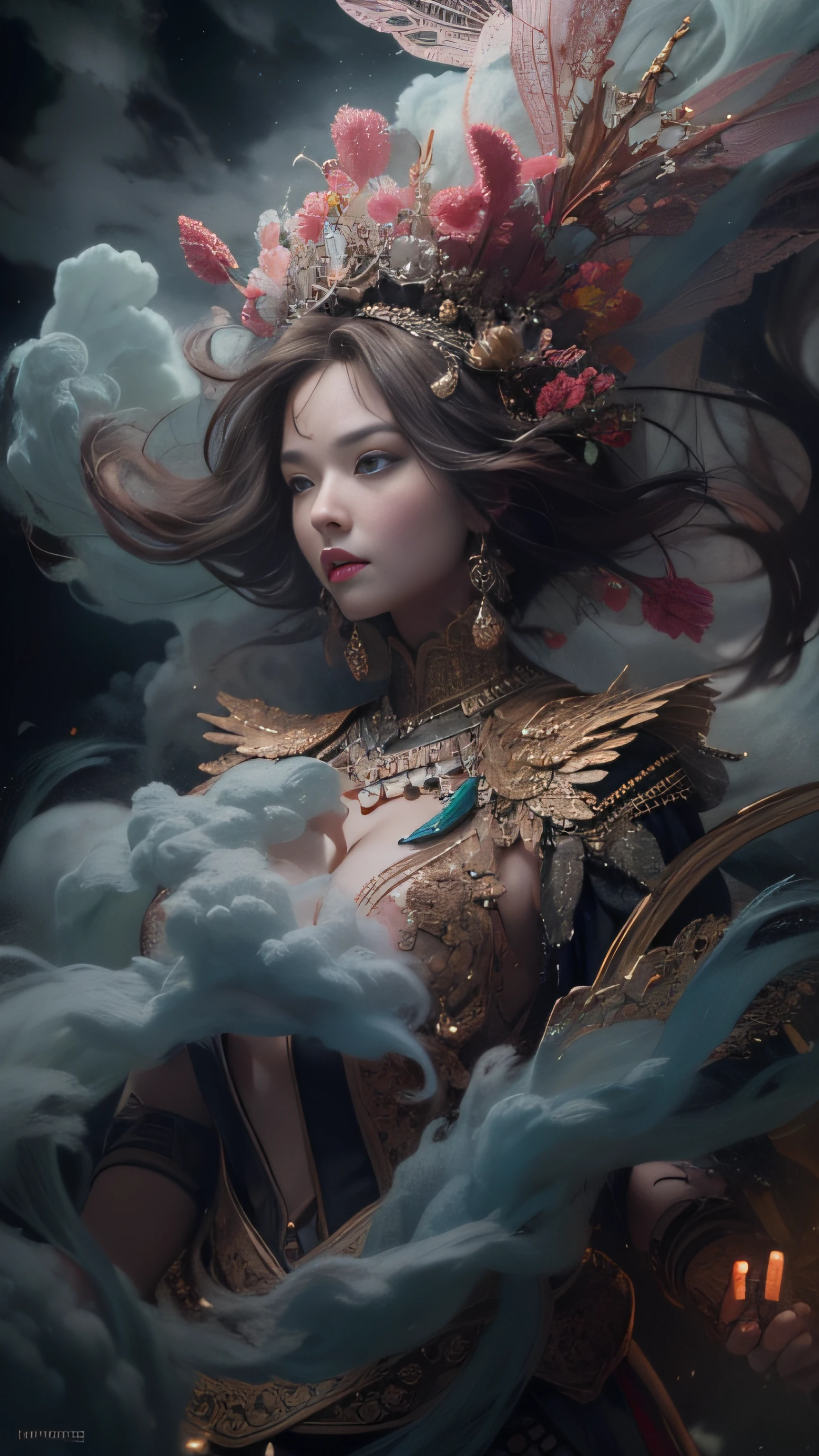A sexy woman,, Ultra detailed art abstract photography in dark hookah spiral, Lace satin-like flowing smoke like clouds and smoke, Ten billion wild feng shui journey, perfectly proportions, A detailed, art by alberto seveso, Carne Griffith, Wadim Kashin, Jean Baptiste Monge, splashart, ink cloud, dynamic dancing pose, intricately details, carefully, at centre, in frame, dramatic lighting, Popular on CGhSociety, iintricate, Epic, Popular on artstation, highly detailed, TanvirTamim, with dynamism, Make movie character renderings, Ultra high quality, 8K