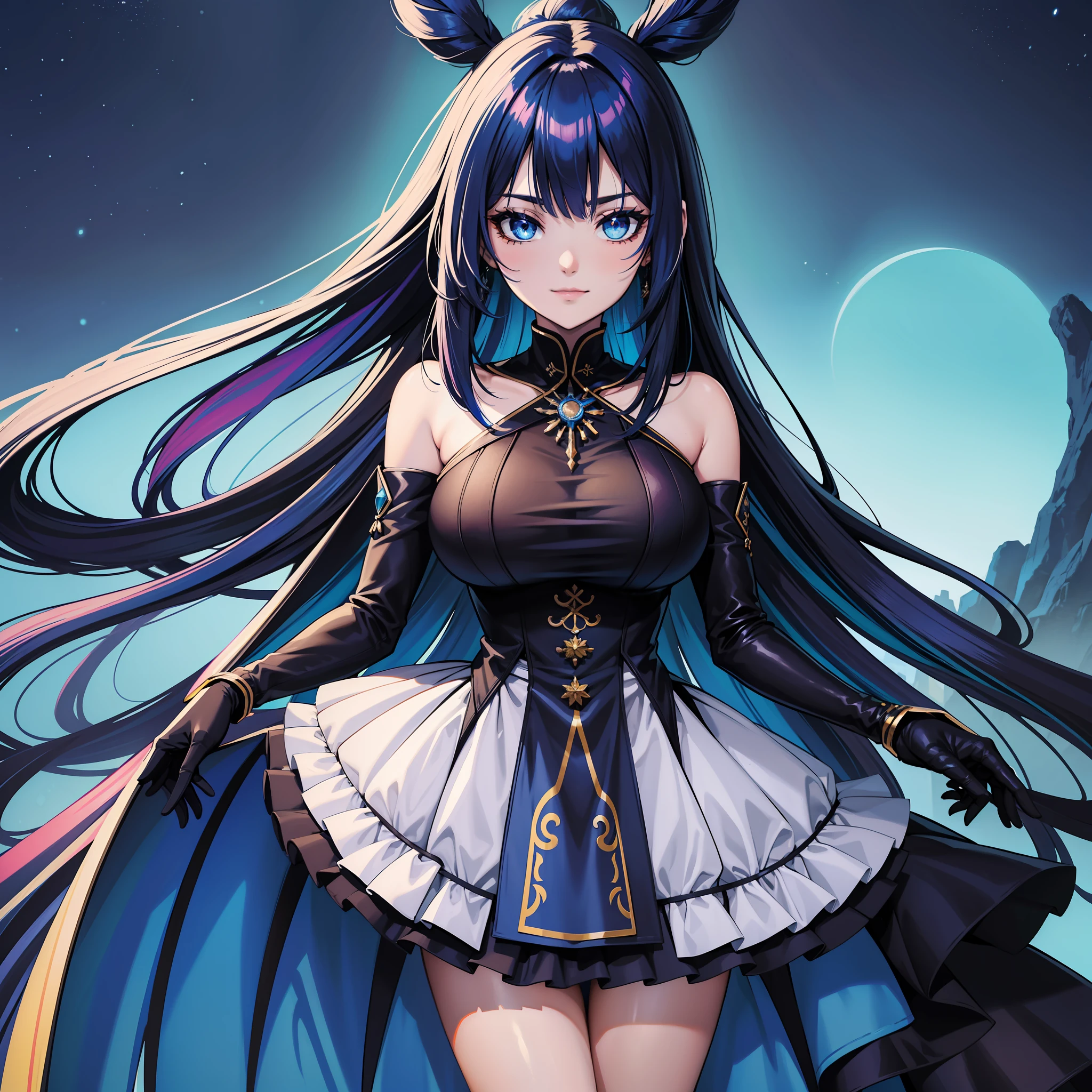 garota cabelo preto, mexas azul escuro, olhos grandes e detalhados, olhos bonitos, vestido de anime, guerreira, peitos grandes (highres, aberration Chromatic) peitos bonitos, rosto sedutor, sorrindo, garota piscando