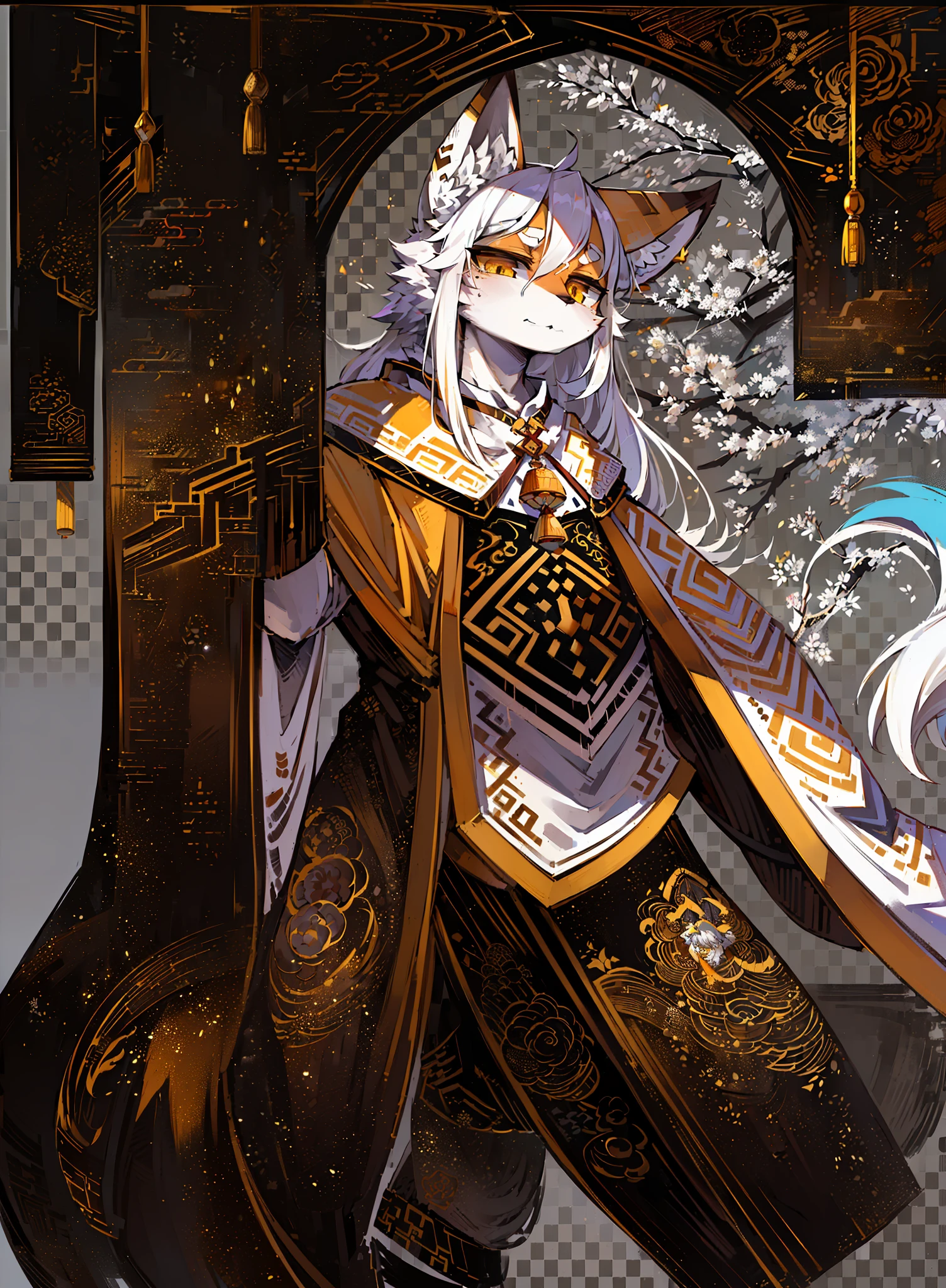 (high high quality,Ultra-detailed traditional Chinese ink painting,Adult male,long white hair,Yellow eyes,tear-mole,White Hanfu,fox ear:1.2),Panoramic view,A high resolution,Create a deep sense of history,grim eyes。