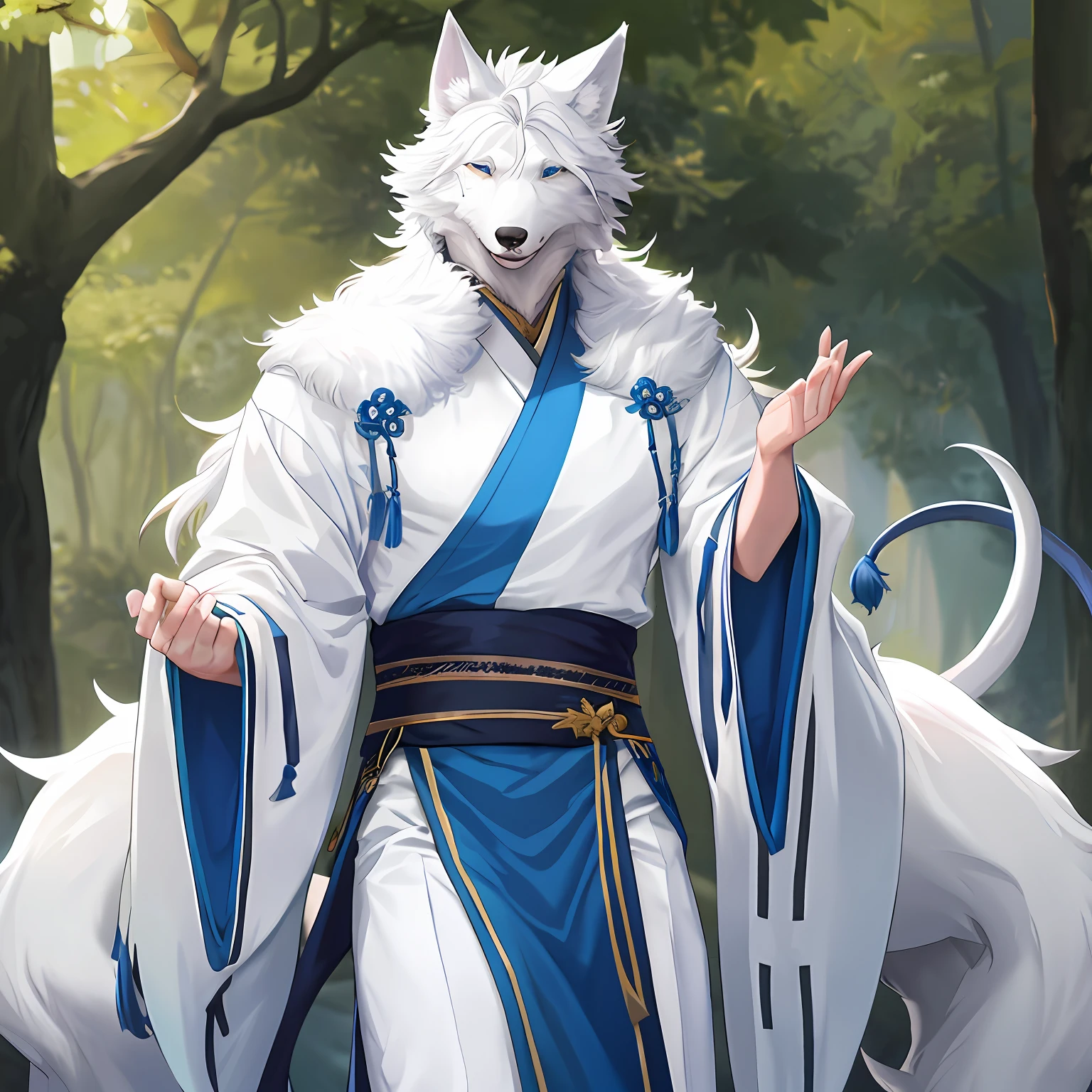 solo person,Twine binding,werecreature,Male white wolf,Blue fur,Blue tail,White ears,Blue eyes,Hanfu,musculature,male people,Handsome,(Furry of animal ears)