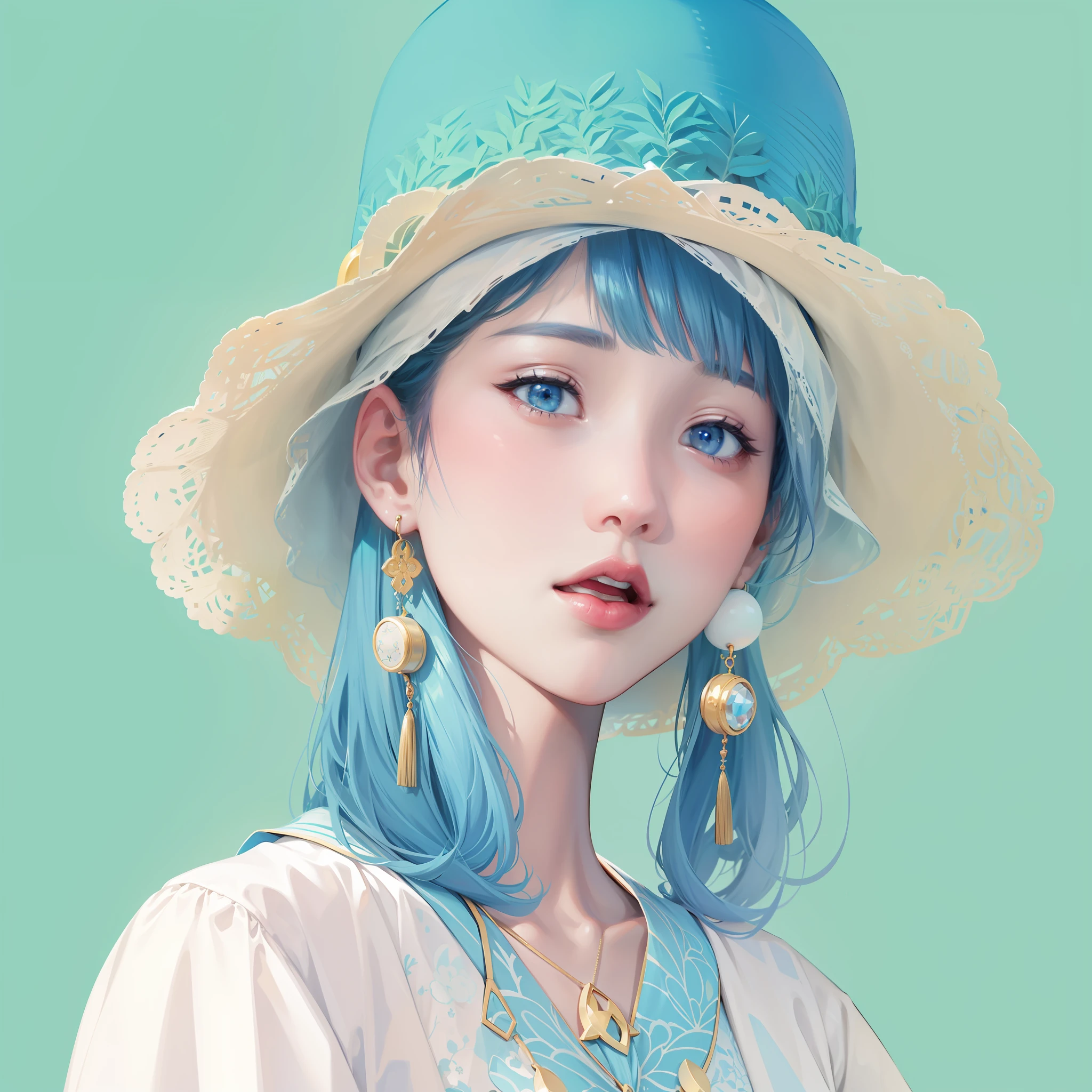 in front, Symmetrical, Blue hat, Earrings, xiaofei yue,inspo, Sky blue, miwa komatsu, Whimsy, flatillustration, geomerty