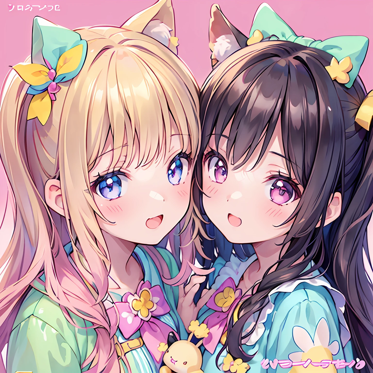 masterpiece, (2girls and 2girls and 2girls and 2girls), idol, closeup, big eyes, kawaiitech, kawaii, cute, pastel colors, best quality, happy, deep background, symmetrical, tilted head, spring, cover, title