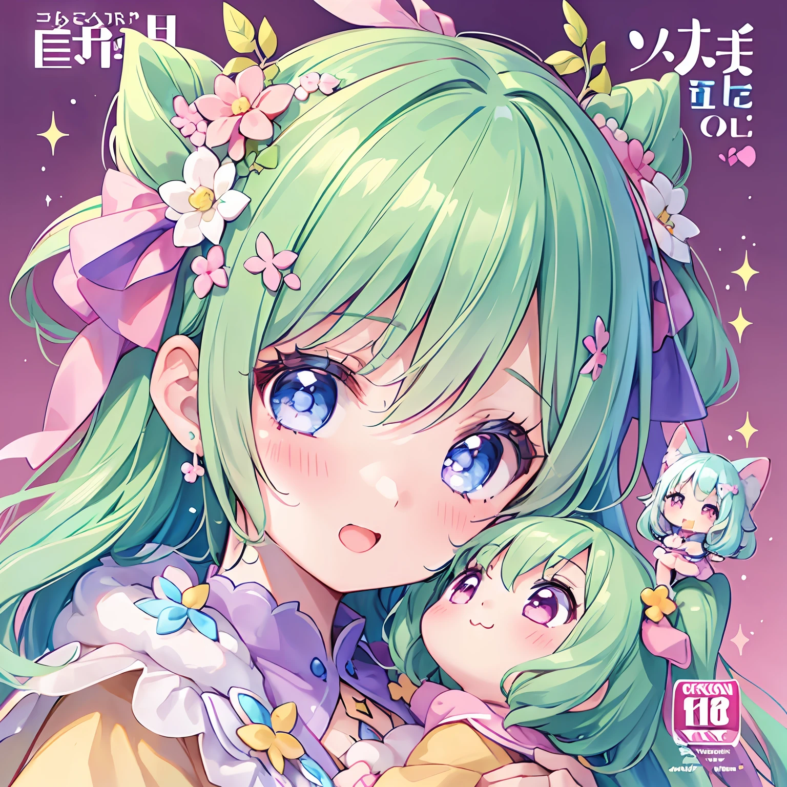 masterpiece, (2girls and 2girls and 2girls and 2girls), idol, closeup, big eyes, kawaiitech, kawaii, cute, pastel colors, best quality, happy, deep background, symmetrical, tilted head, spring, cover, title
