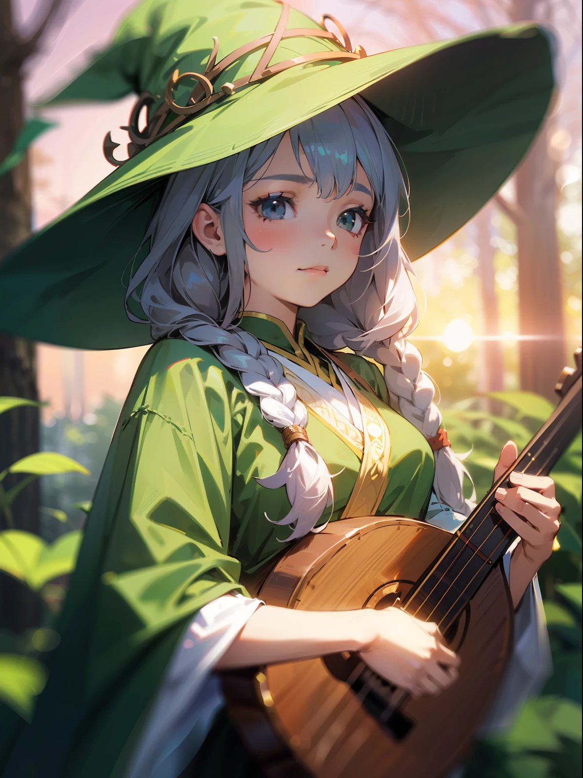 (Pretty  girl with braids wearing a green witch's hat), (cute girl about 10 yeaying the lute, simple green witch hat,(masterpiece), (extremely intricate:1.3), (realistic), portrait of a little girl, the mautiful in the world, (green witch's robe) , upper body, forest, intense sunlight, professional photograph of a stunning girl detailed, sharp focus, dramatic, award winning, cinematic lighting, ,  volumetrics dtx, (film grain, blurry background, blurry foreground, bokeh, depth of field, sunset, motion blur:1.3),Realism,Oversized shirt,black eyes