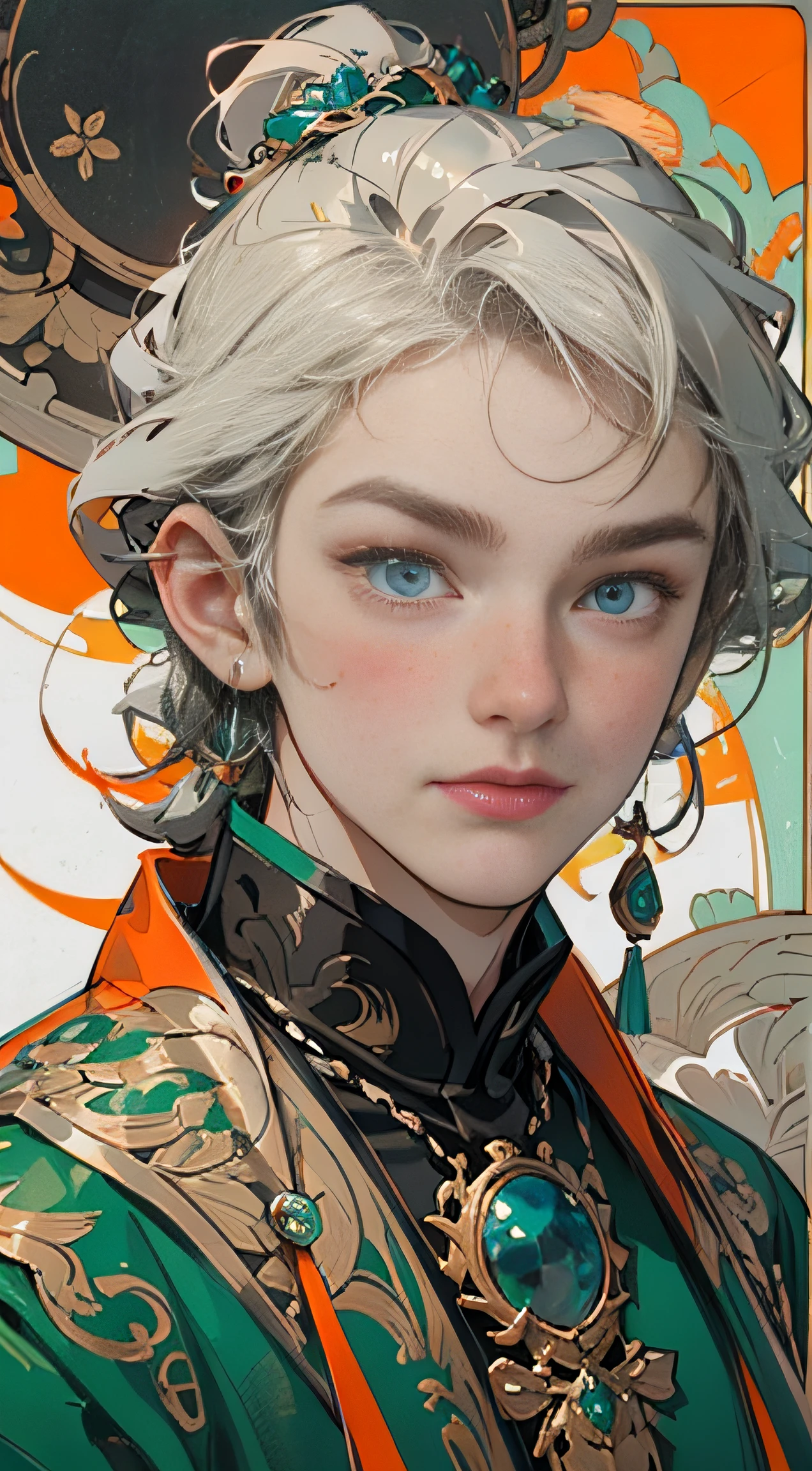 green color:1.5,Orange:1.1,white colors:1.3,amarelo:1.3,(Handsome boy, silber hair), Fashionable clothing, Charming eyes,ellegance,Abstract line and circle background,high qulity,Ultra-clear details,tmasterpiece,Works of masters,winning artwork,8K