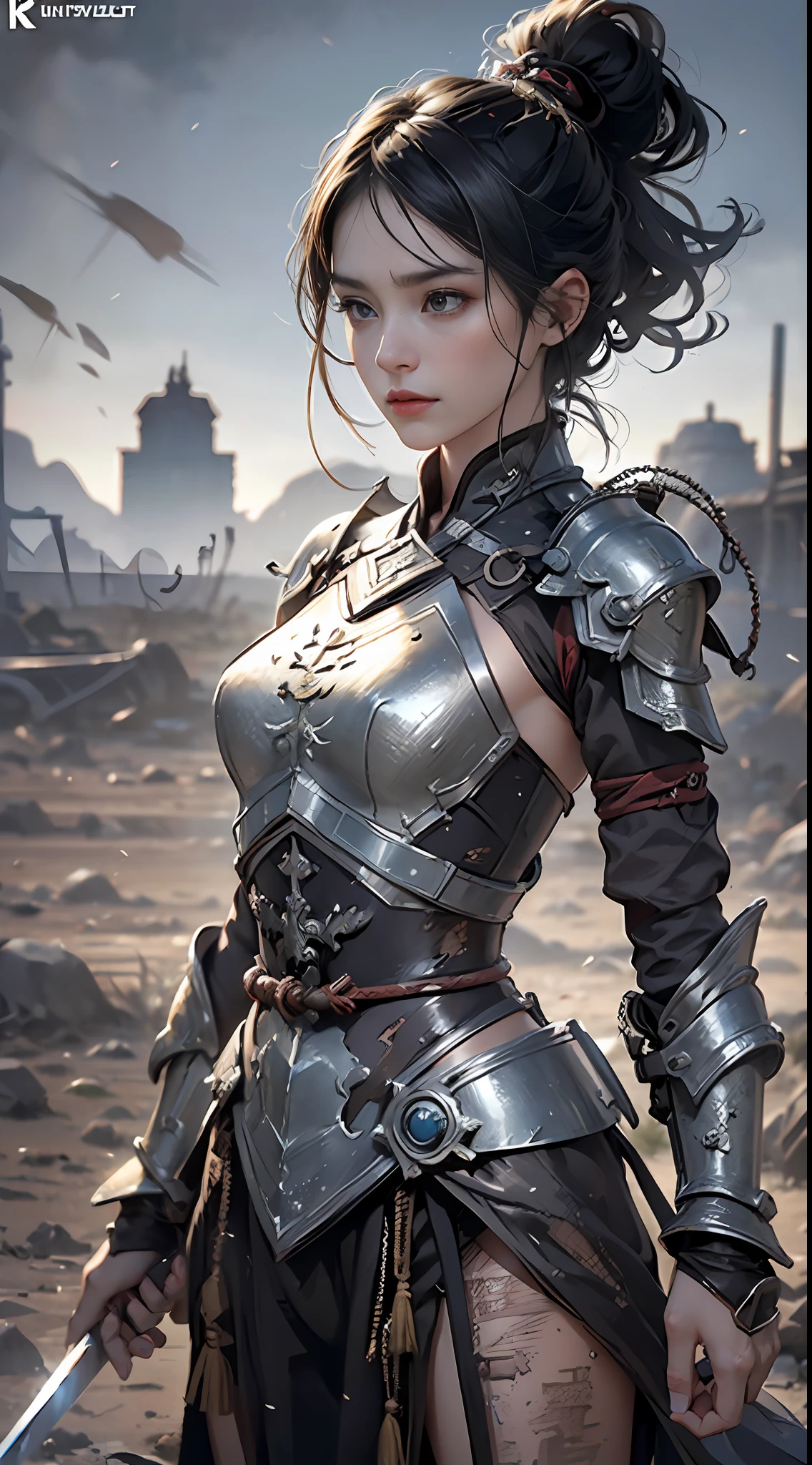 8k wallpaper,ultra - detailed,rich details,ultraclear,8K,,Best quality at best,best qualtiy,mistic,1 female warrior,Black armor,Ancient Chinese general armor,(((Sword in hand))),facing to audience,(((A withered battlefield,废墟,run-down,Wasteland,barren,A desert))),Sadness outside,battlefiled,ancient battle field,,((the night,Dimly lit,Dark 1.3)),Bust composition