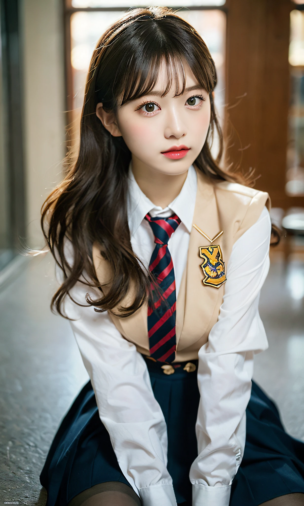 ulzzang-6500-v1.1, (raw photo:1.2), (photorealistic:1.4), beautiful detailed girl, very detailed eyes and face, beautiful detailed eyes, ridiculous, incredibly ridiculous, huge file size, super detailed, high resolution, very detailed, best quality, masterpiece, kemomimi, ((Japanese girls' high school uniform)), illustration, very detailed, CG, unified, 8k wallpaper, amazing, Fine details, masterpiece, best quality, very detailed CG uniform 8k wallpaper, light on face, cinematic lighting, 1girl, 16 years old, ((no panties)), ((dynamic pose))), (camel toe), (half), (pantyhose), (knee-bending leg sitting))