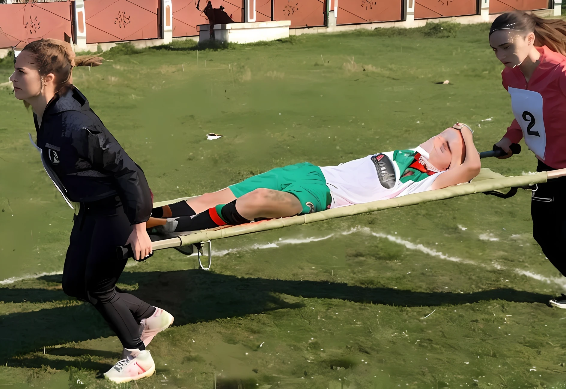 There is a man lying on a stretcher with his hands crossed over his face, a man in a t-shirt and sports shorts has crossed his hands over his face, the man has an agonised face under his hands, two longhaired and ponytailed women that are wearing very shiny coats, there are longhaired women wearing laquered puffy coats, longhaired women are walking in wetlook puffy coats, several women walking around a football field with an injured athlete on a stretcher, the injured athlete on the stretcher covers his face with both hands, the women look very worried, behind the women there is a frightening atmosphere, there is heavy rainfall in the background, video still, behind the scenes, Malika Favre, screenshot, footage, 4 0 9 6, cover photo, aesthetic shot, dramatic mood, intense scene, Making of, Mongezi Ncaphayi, Thriller atmosphere, Filming, Edited