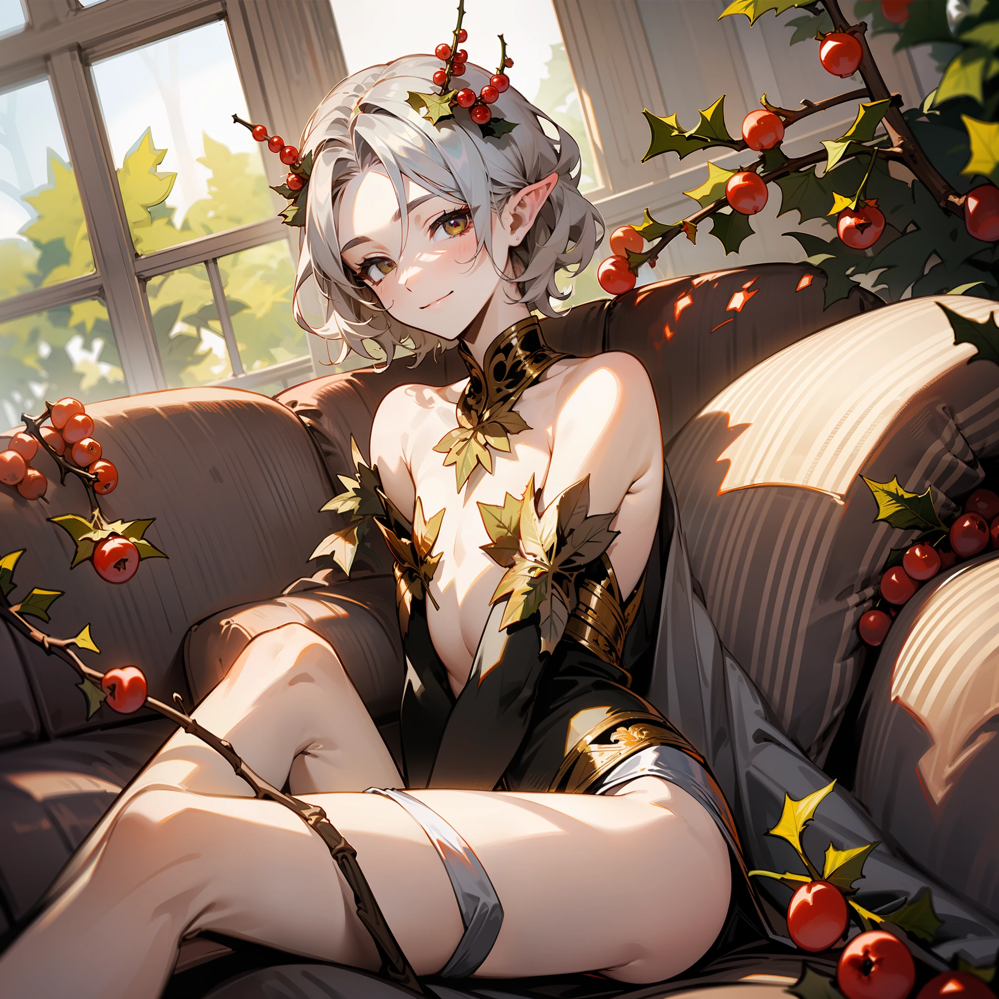 (((continuation of the background))), (((background))), dark brown sofa pillows, ((holly leaves)), (red berries), (continuation of the image)