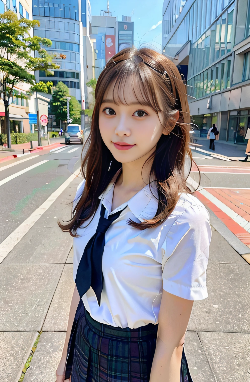 sidewalk, RAW photo, 8K, highest quality, super high resolution, beautiful face details, real human skin, gentle expression, front view, angle from below, long hair, realistic, realistic, cute, short skirt, standing deep in the city, cute schoolgirl, japanese schoolgirl uniform, wearing Japanese school uniform, surreal high school girl, full body,