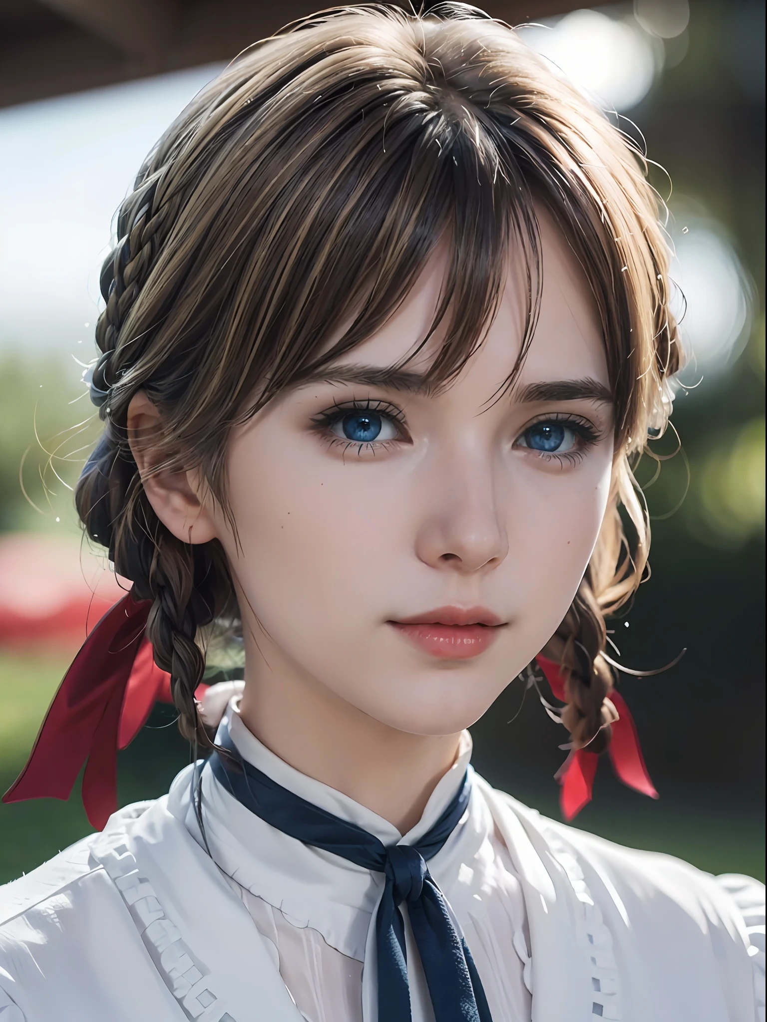 violet_evergarden,  blue_eyes, close up, blonde hair, blue eyes, hair ribbon, ribbon, short hair, braids, hair braids, red ribbon, mature female, erotic smile, erotic eyes, (face focus:0.8), (realism:1.2), (masterpiece:1.2), (best quality), (ultra detailed), (8k, intricate), (85mm), light particles, lighting, (detailed eyes:1.2), (detailed face:1.2), (highly detailed:1.2), (dynamic angle:1.2), (gradients), colorful, daylight,