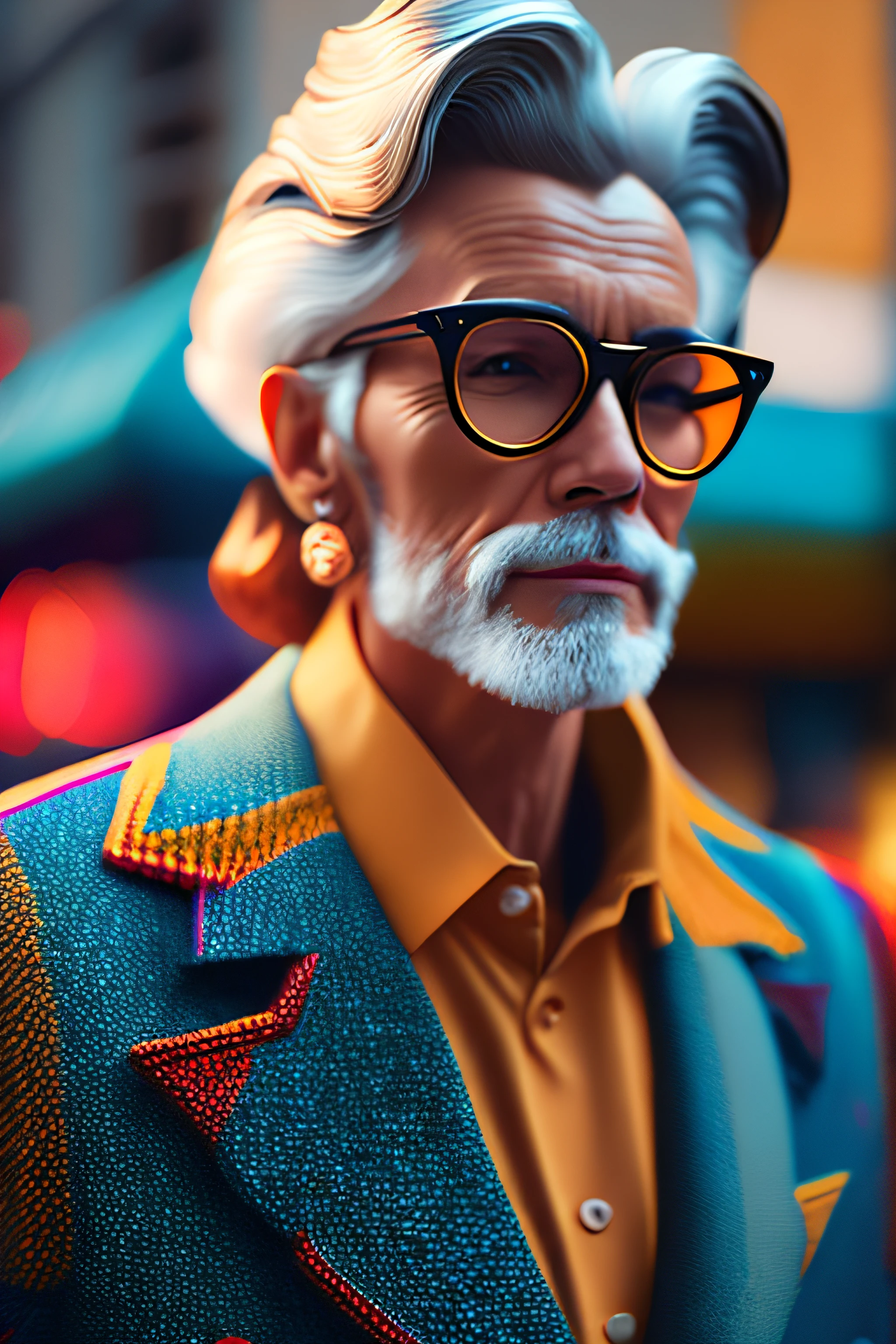 (fashionista portrait old american man, 1950s with intricate colorful modern bright colored glasses), c0lorful cute hair, smiling expression, (extremely detailed digital photography: 1.2), standing in the middle of the city, ((((full body)))), raw image,, Hasselblad, 50asa, f8, 12mm, glow effects, godrays, hand drawn, render, 8k, octane render, 4d cinema, blender, dark, atmospheric 4k ultra detailed, sensual cinematic, sharp focus, humorous illustration, great depth of field, masterpiece, colors, 3d octane rendering, 4k, concept art, trend in artstation, hyperrealistic, vivid colors, rim light, extremely detailed CG 8k wallpaper unit, trend in ArtStation, trend in CGSociety, Pop Art style by Yayoi Kusama, Intricate, High Detail, dramatic
, pure energy, light particles, sci-fi