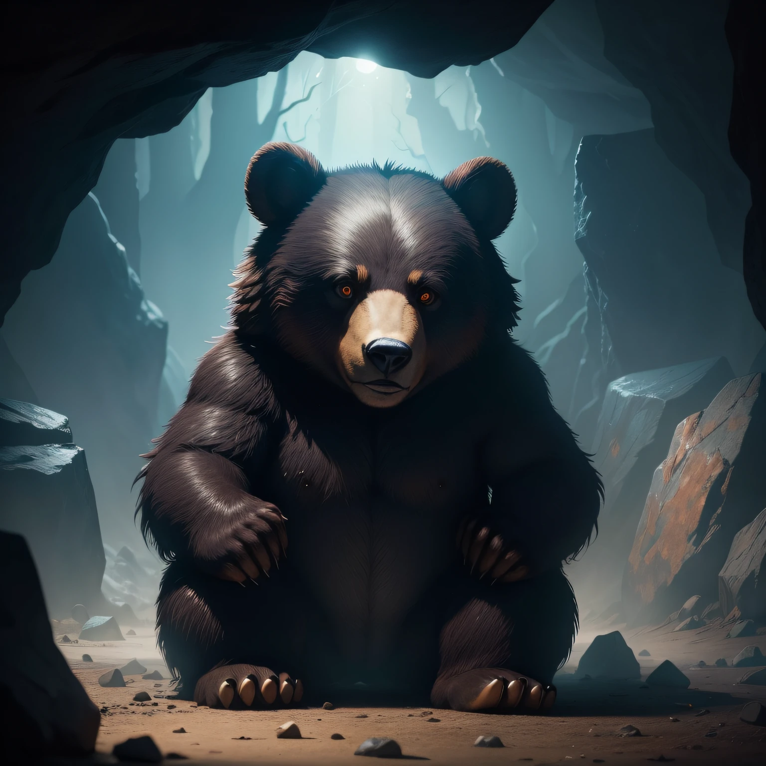 create a scary bear inside a dark cave